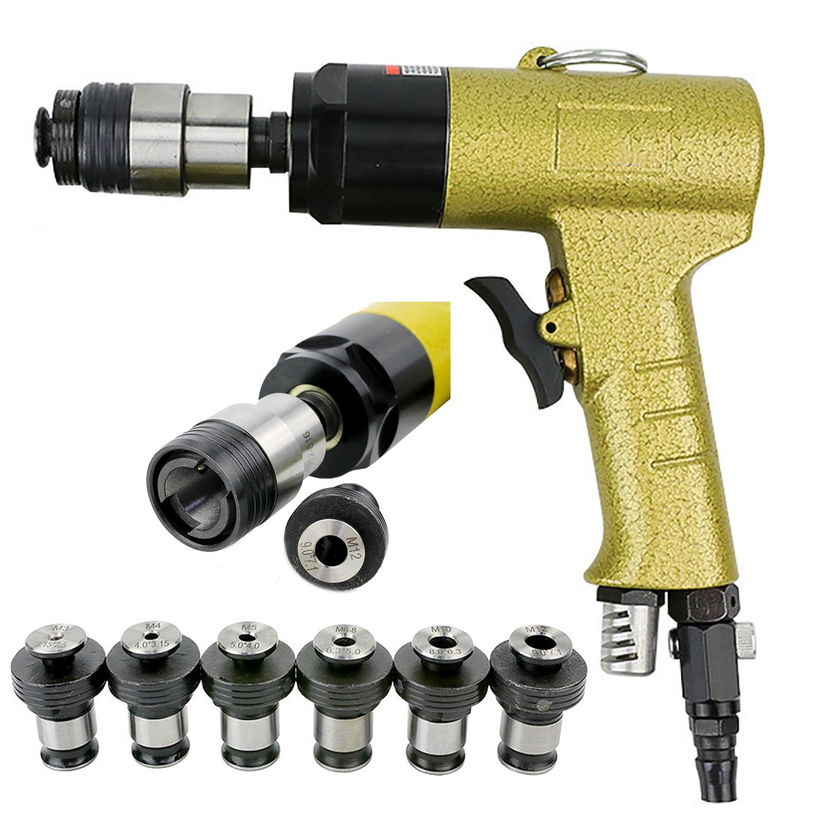 Maschiatrice Pneumatica, Maschiatrice A Testa Autobloccante / 6 Mandrini M3-M12, Maschiatrice per Trapano Pneumatico 500 RPM per Maschiatura di Acciaio, Rame, Ferro, Alluminio, Plastica,B