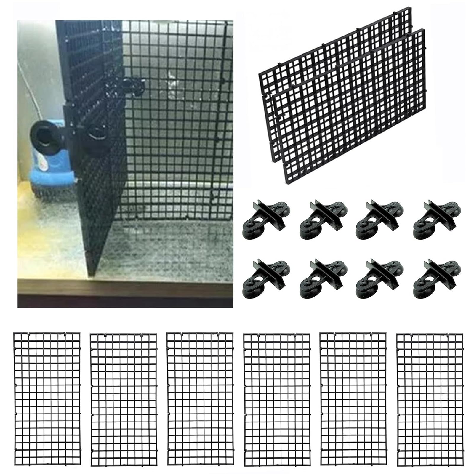 Skibetfo 8pcs Aquarium Divider Egg Crate Black Fish Tank Divider Adjustable Aquarium Filter Plastic Grid Fish Tank Separator with 8 Pcs Sucker Clips for Mixed Breeding 30 * 15cm