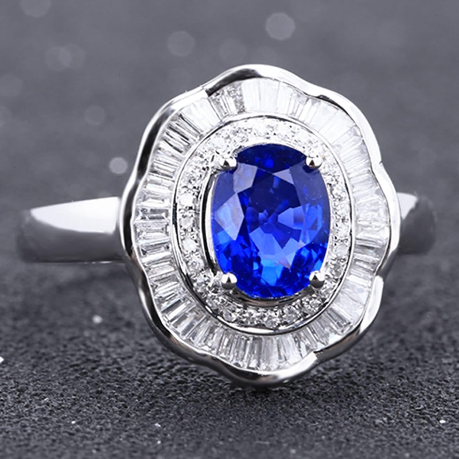 Beydodo Anillos de Compromiso Oro Blanco para Mujer 9 14 18 K con Oval con Zafiro Creado de 1.22ct y Moissanita, Anillo Mujer Boda Plata Azul