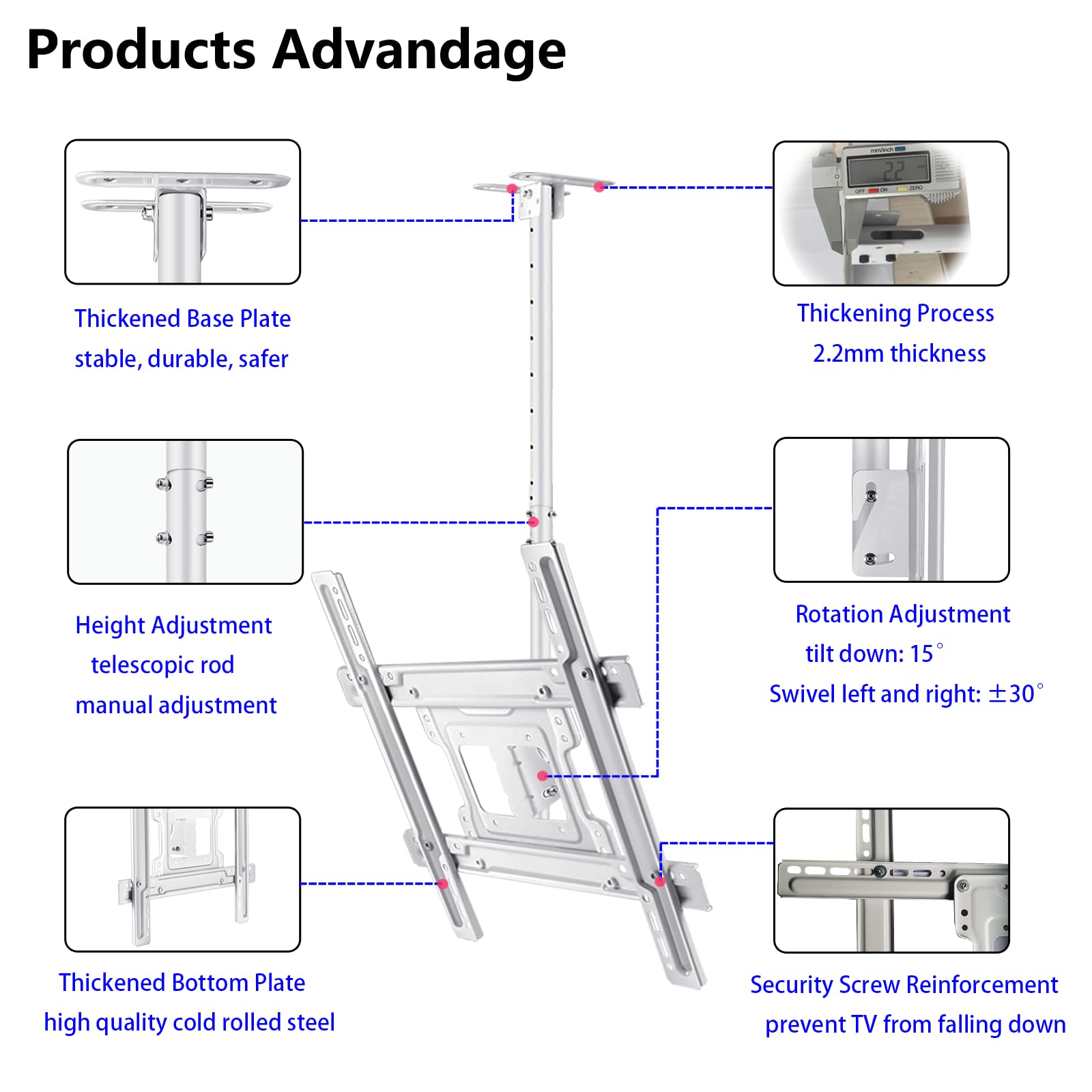 Support de plafond pour TV à écran plat incurvé de 42 à 75", VESA max 400 x 400 mm, peut supporter jusqu'à 50 kg, inclinable et pivotant, hauteur réglable, blanc