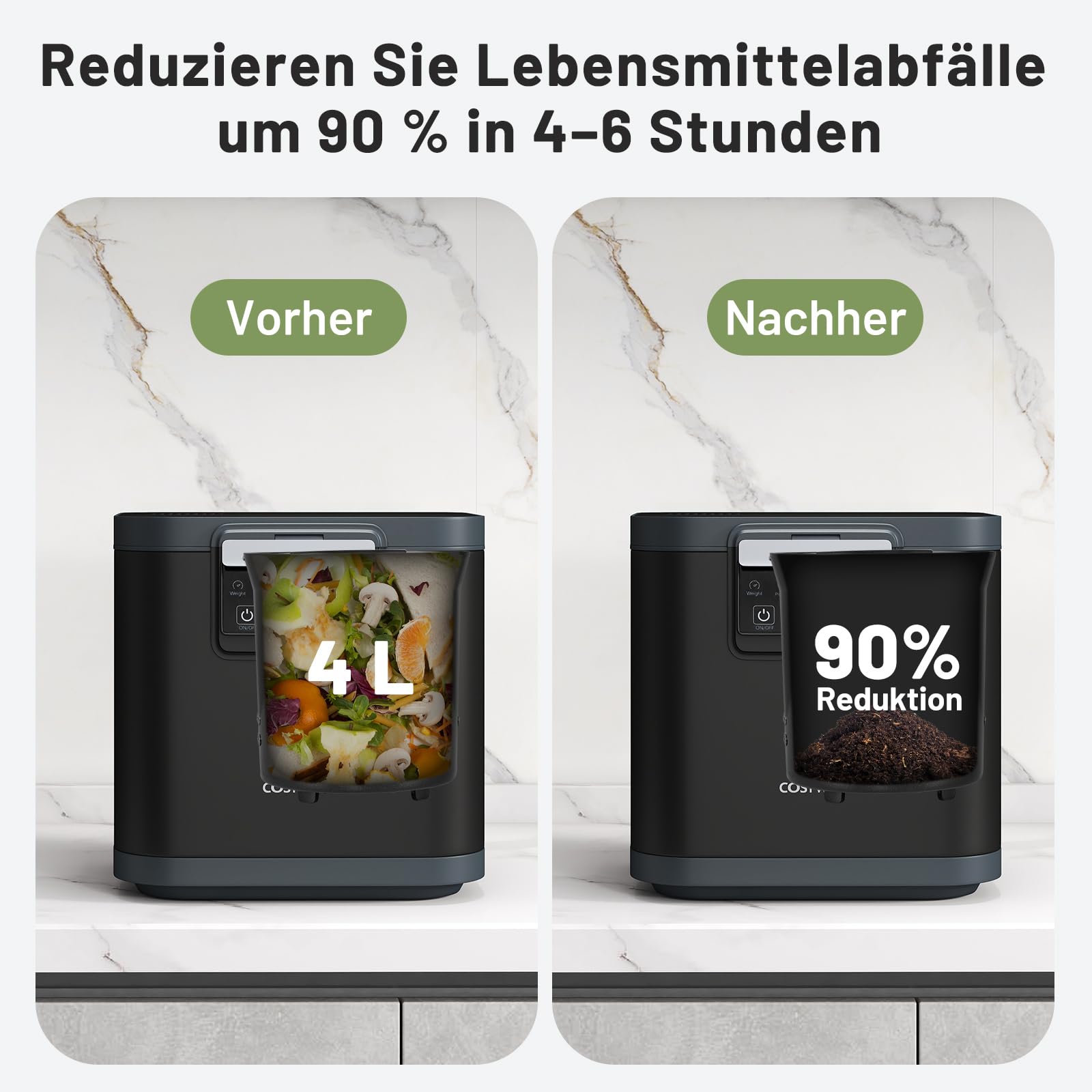 COSTWAY 4 L Elektrischer Komposter, Küchenkomposter mit Deckel, 2 Aktivkohlefilterbox & LED-Anzeige, Selbstreinigend & Automatisch, Biomülleimer Kompostbehälter für Küche, Garten & Balkon