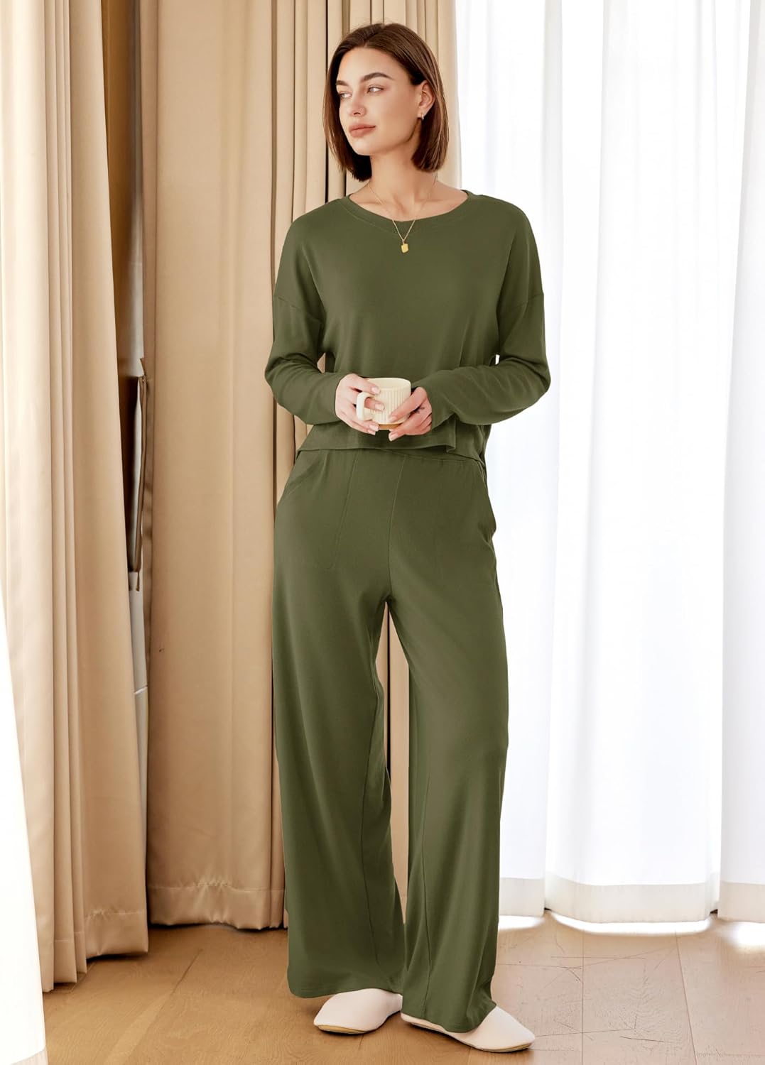 Panadila Womens Oversized Lounge Sets 2 Piece Matching Pajama Sets Long Sleeve Crop Top and Wide Leg Pants with Pockets - Image 3