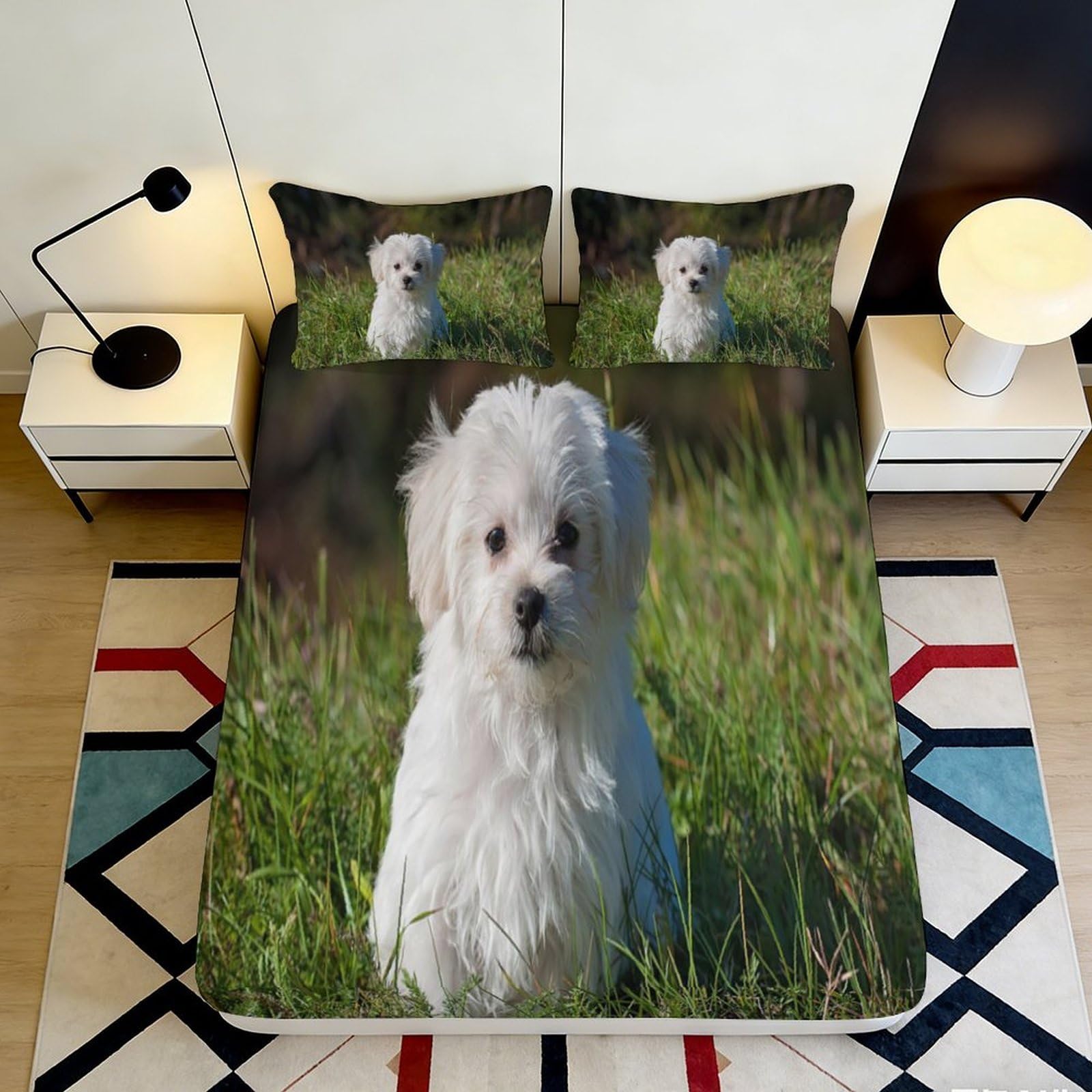 Qjzxknhpgr Style-10 3D Printed White Dog Fitted Sheet Microfiber Soft Breathable Puppy Meadow Bed Cover For Bedroom Guest Room Decor 90X200x25cm