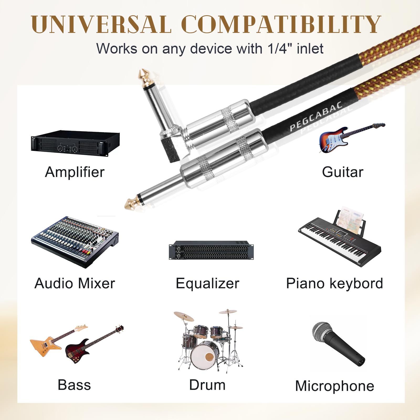 TS - Cavo per chitarra elettronica, basso e tastiera, 6,35 cm, da diritto ad angolo retto, placcato oro, 6 m, confezione da 2