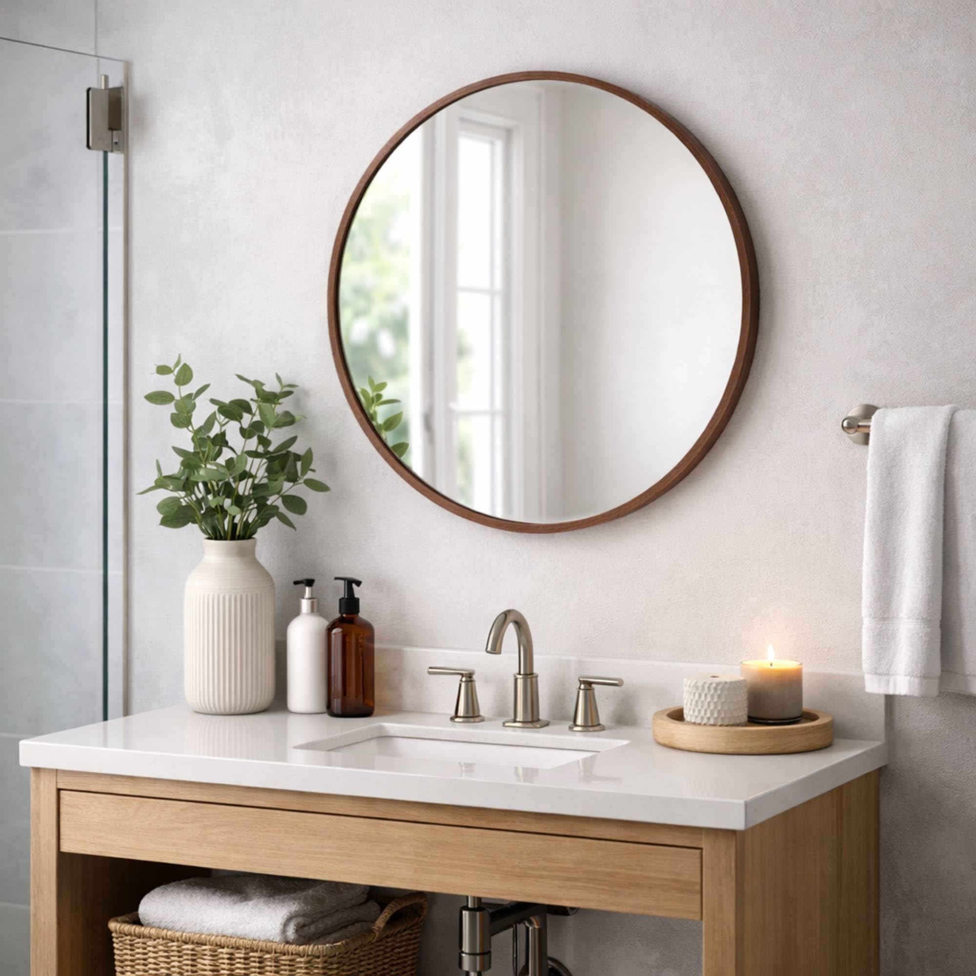 Well Home Espejo Redondo Ø60cm Marco de Madera Oscura, con Gancho Trasero, Ideal para recibidor o baño