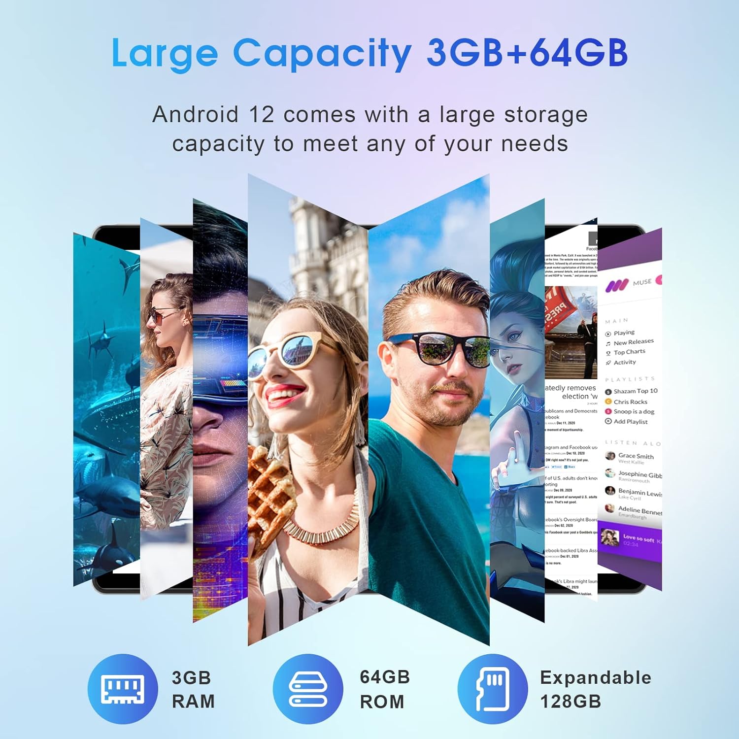 WeTap Android 12.0 Tablet 10 pollici Y10, 3GB RAM 64GB Storage, 2MP + 8MP Dual Camera, Quad-Core, 1280x800 | Wi-Fi | Bluetooth | 6000mAh | Google GMS Certified | Argento