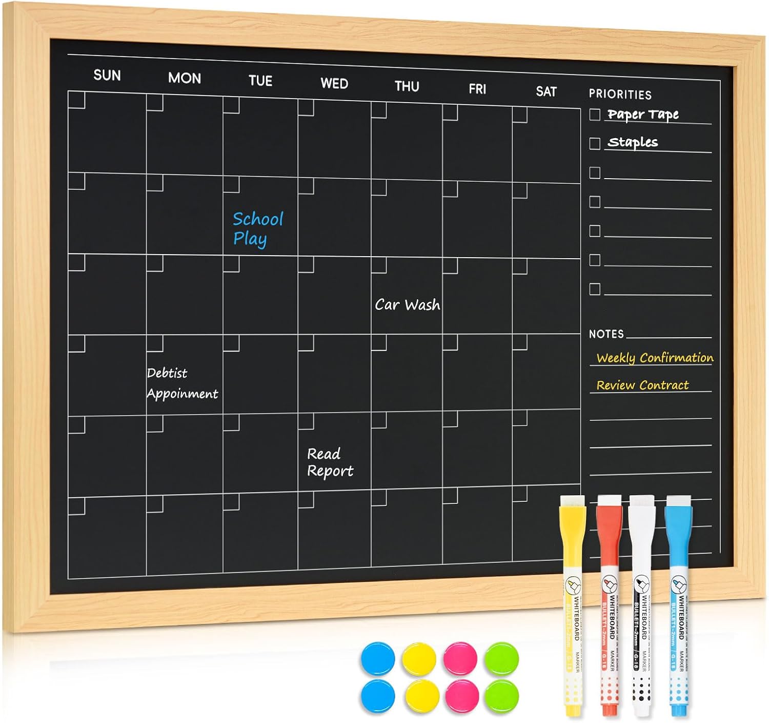 4 THOUGHT Monthly Calendar Chalkboard for Wall, 24" x 18" Magnetic Chalk Board with Natural Wood Grain Finish Frame Blackboard Planner & Menu Board for Home Office Kitchen, 4 Markers & 8 Magnets