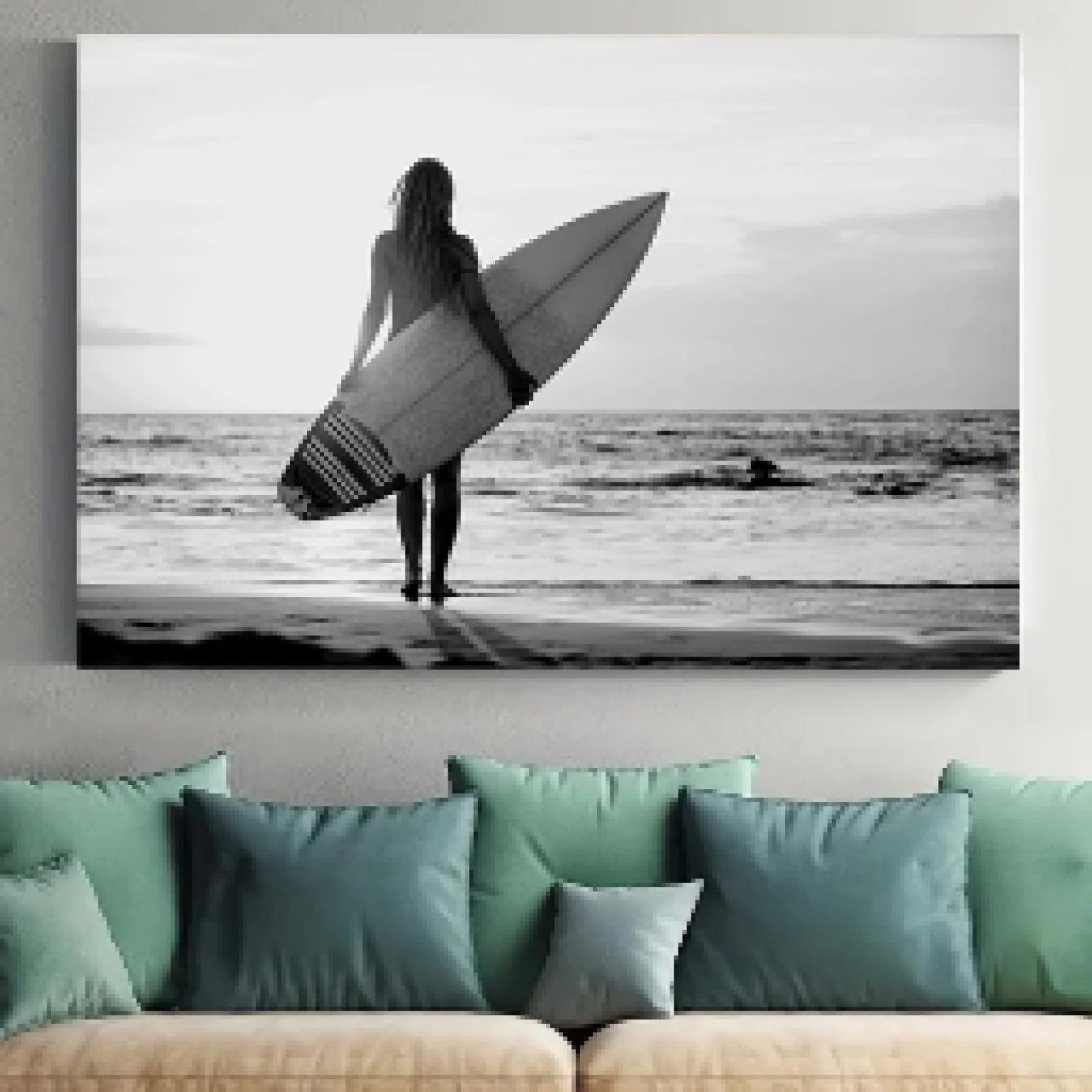 MAIMANG Póster de pared con una chica elegante y una tabla de surf. Decoración de habitación independiente. Impresiones artísticas en lienzo para mujerDecor para dormitorio. Marco de 60 x 80 cm.