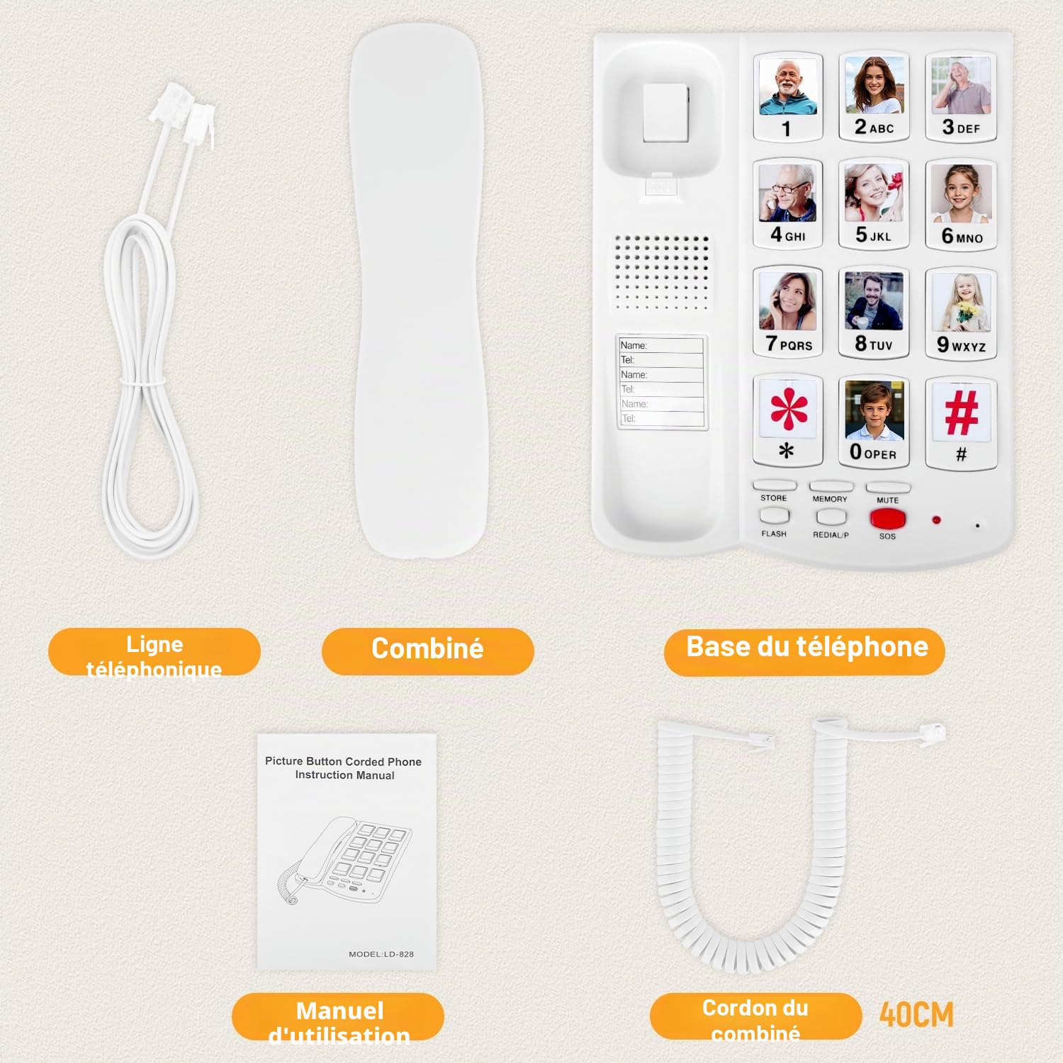 Téléphone à Gros Boutons pour Personnes âgées, téléphones Fixes Uvital pour Personnes âgées avec 10 Gros Boutons de numérotation à Une Touche, téléphone Fixe Filaire avec Bouton d'urgence SOS, Photo