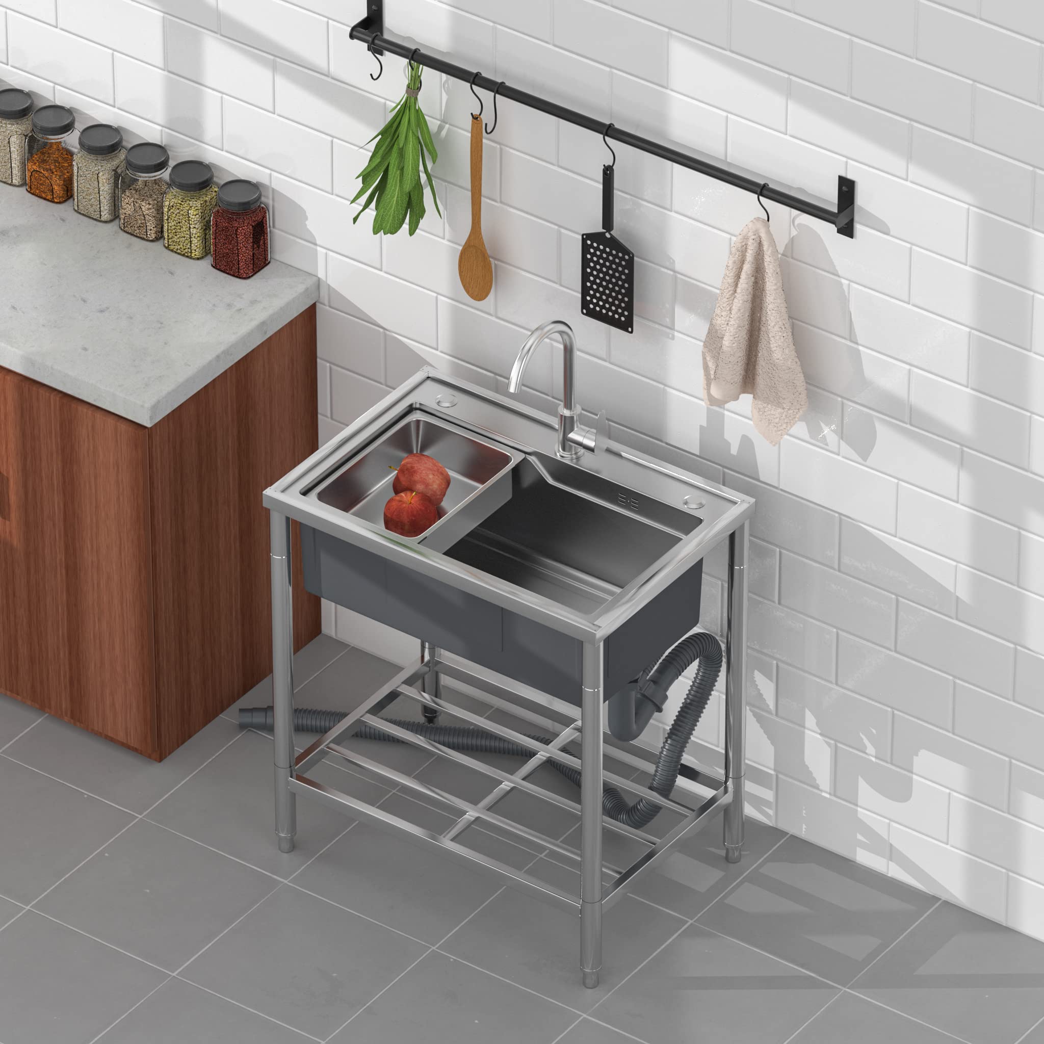 Fregadero de cocina comercial de acero inoxidable de un solo tazón independiente con grifo frío y caliente para lavandería, bar, restaurante