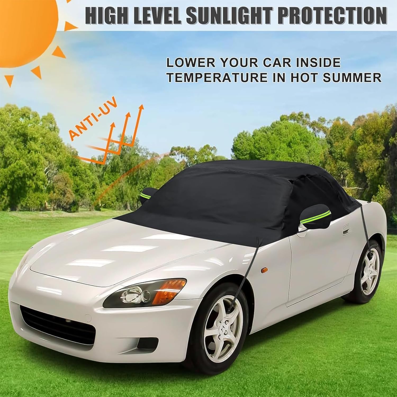 Waterproof Half Car Cover Compatible with Honda s2000 1999-2009, 600D Roof Protector with Night Reflective Strip Side Mirror Pockets All-Weather Snow Sun Rain Wind(AP1,AP2,CR Roadster/Hardtop)