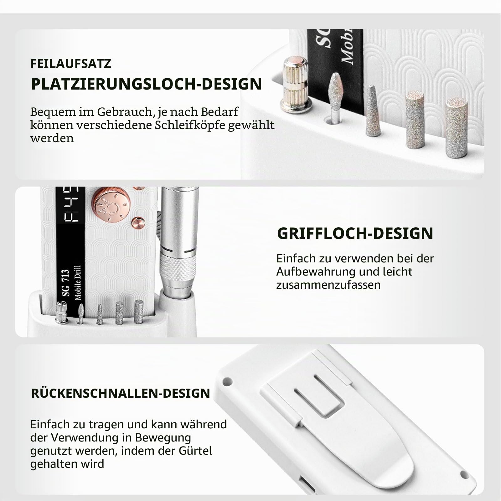 Elektrischer Nagelfräser Professionell, 45000 U/min,Tragbare Nagelfeile für Acrylnägel Gelnägel, mit 13 Bits und 56 Schleifbändern, LED-Bildschirm, Ultra-Leise, Salon-Grade Efeil-Nagelmaschine (Weiß)