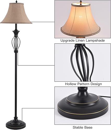 Miniatura 7 de Juego de 3 lámparas (2 lámparas de mesa, 1 lámpara de pie), juego de 3 lámparas de sala de estar, juego de lámparas de pie y mesa en acabado bronce