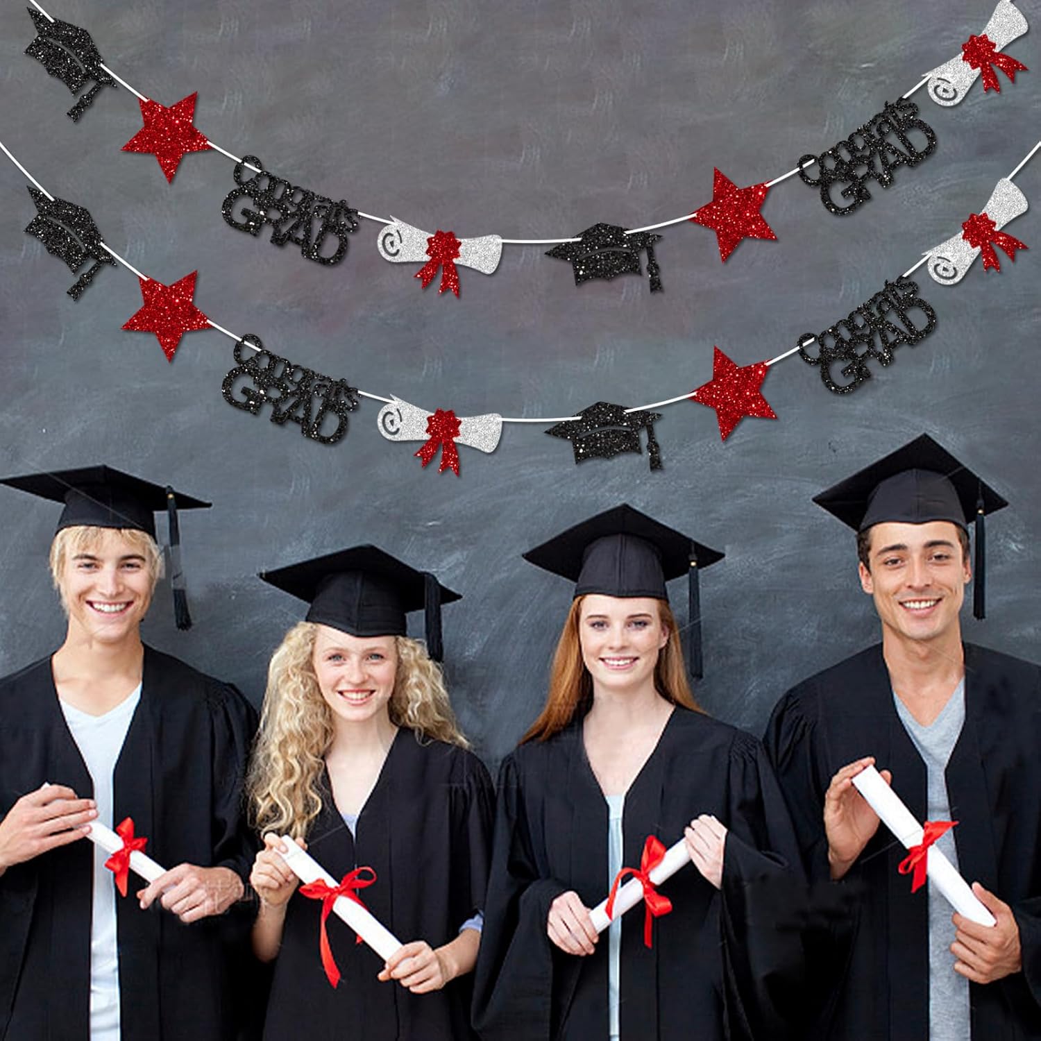 Black and Red Congrats Grad Banner Graduation Decorations Class of 2026 Glitter Star Grad Cap Certificate Bunting Garland for Graduation Party Supplies - Image 6