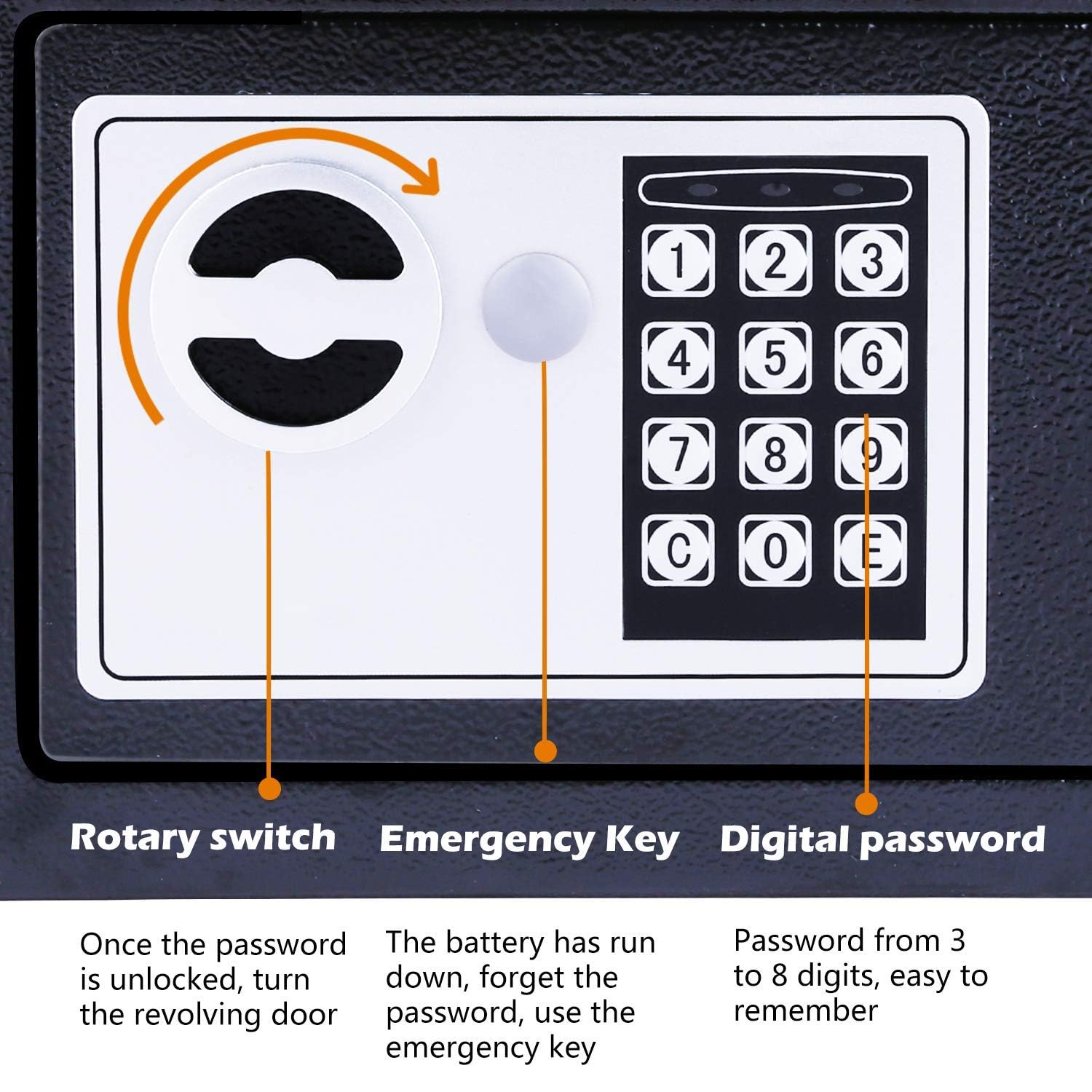 Cassaforte elettronica 6,65 l – Cassaforte di sicurezza con codice digitale 3 – 8 cifre, fissaggio a parete, per oggetti di valore, casa, ufficio, hotel