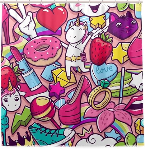 Amazon Kapanou防水 シャワーカーテン 落書きのシームレスなパターン女の子らしいスタイルの落書き かわいいシャワーカーテン ユニットバス バスルーム 芸術の装飾 180cmx180cm バスフック付き 取り付け簡単 シャワーカーテン ホーム キッチン オンライン通販