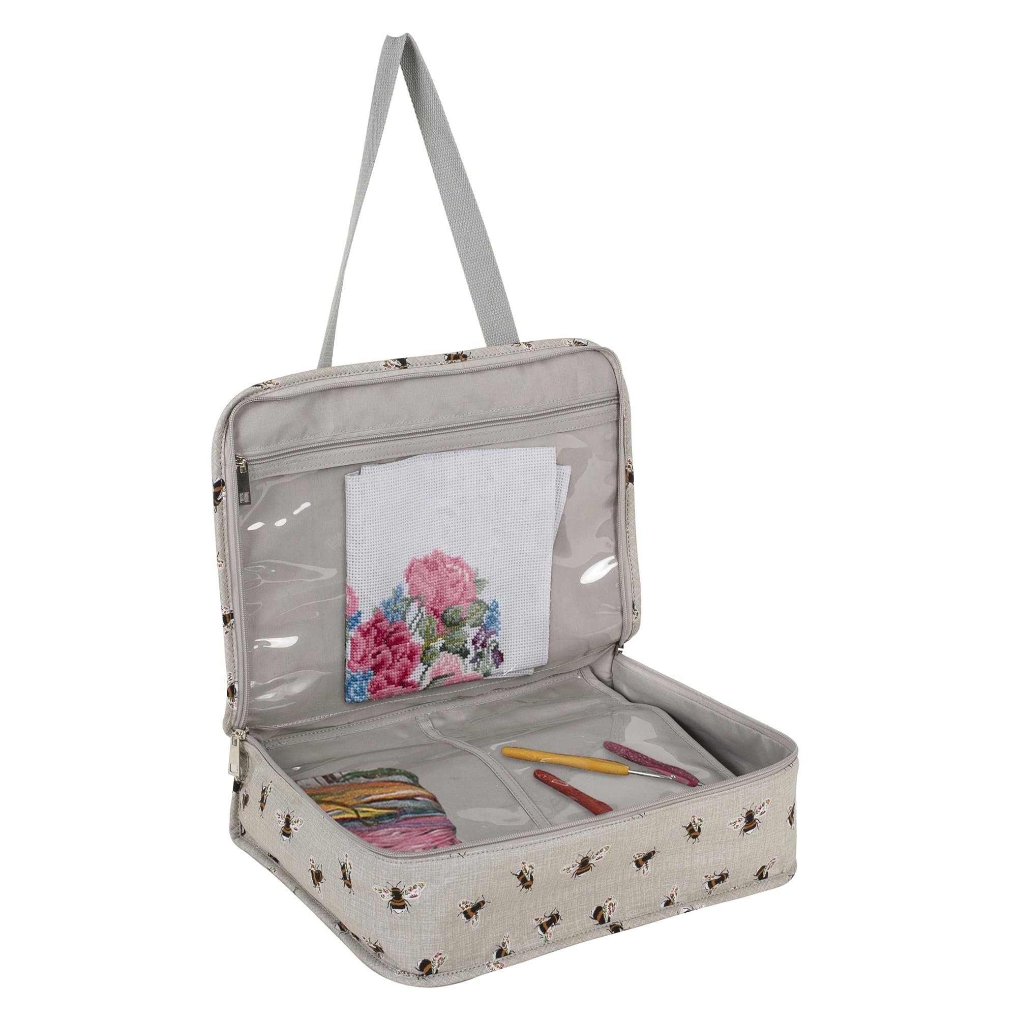 Hobby Gift Exclusive Project Case – Sewing & Yarn Storage, Craft & Knitting Bag for Classes & Travel, 3 Plastic Pocket Inserts for Accessories & Organising – 100% Cotton 34 x 28 x 12cm - Bees