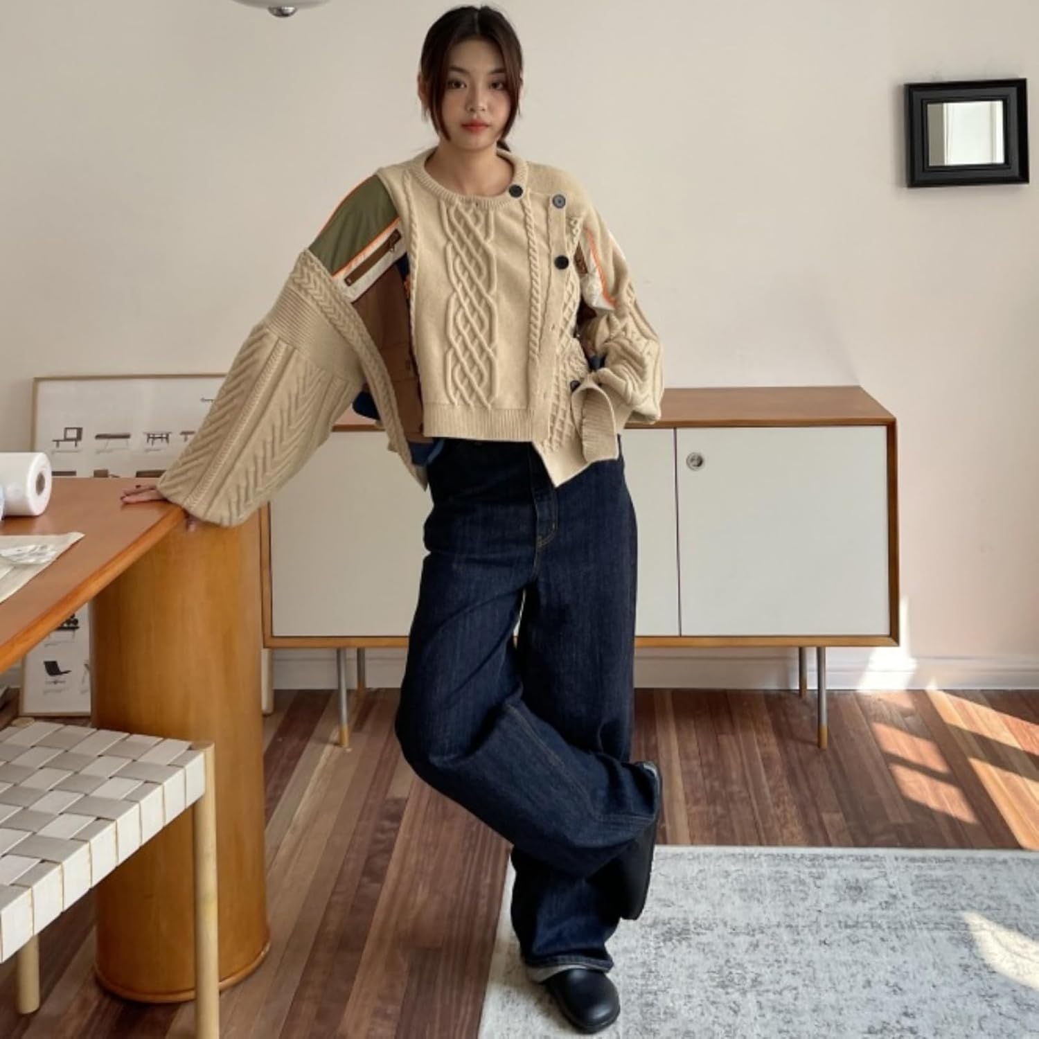 Women Irregular Patchwork Single-Breasted Plaid Stripe Cardigan Sweater Contrast Color Warm O-Neck Long Sleeves Knitted Tops