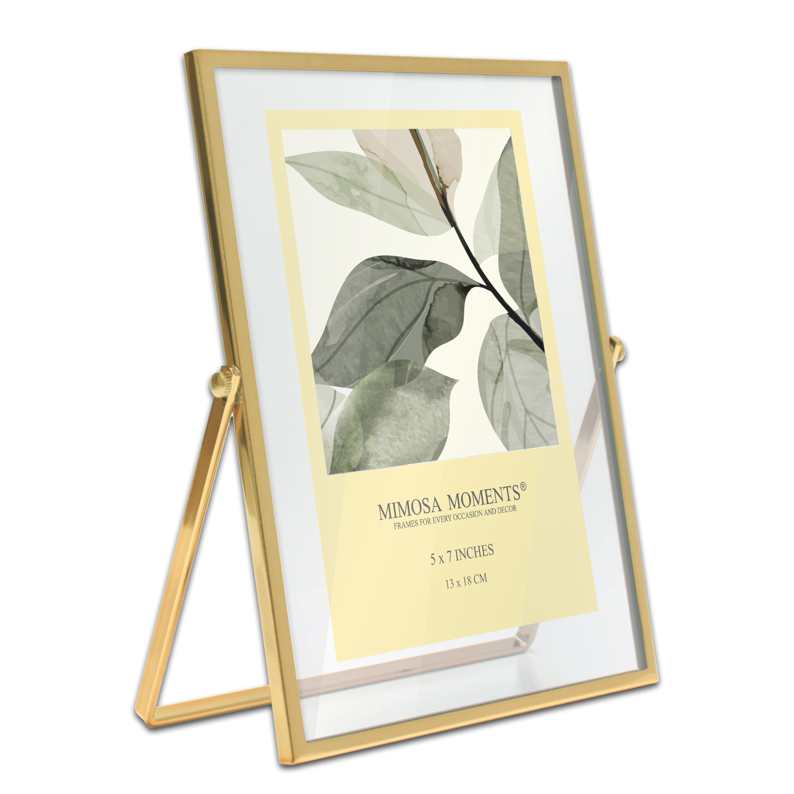 MIMOSA MOMENTS Gold Metal Floating Pressed Glass Picture Frame with Metal Easel, Photo Display for Desk (Gold, 5x7)
