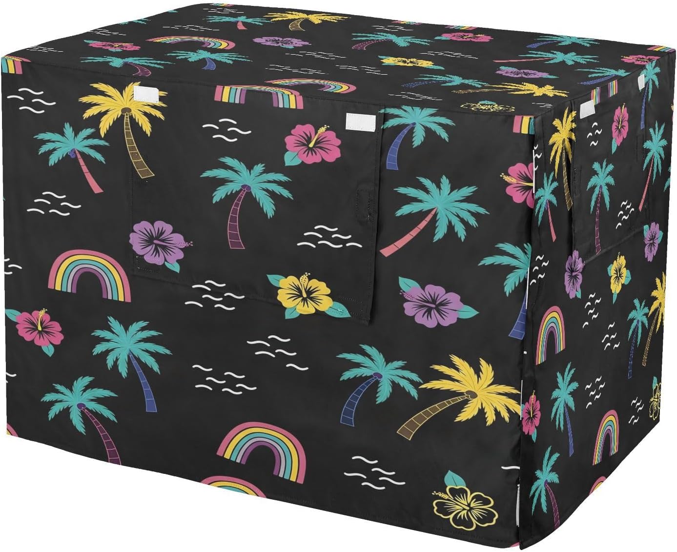 Tropical Palm Trees Rainbow Dog Crate Cover 600D Oxford Pet Kennel Cover with Mesh Window for Dog Cages, Windproof Waterproof Machine Washable, 42"x28"x30"