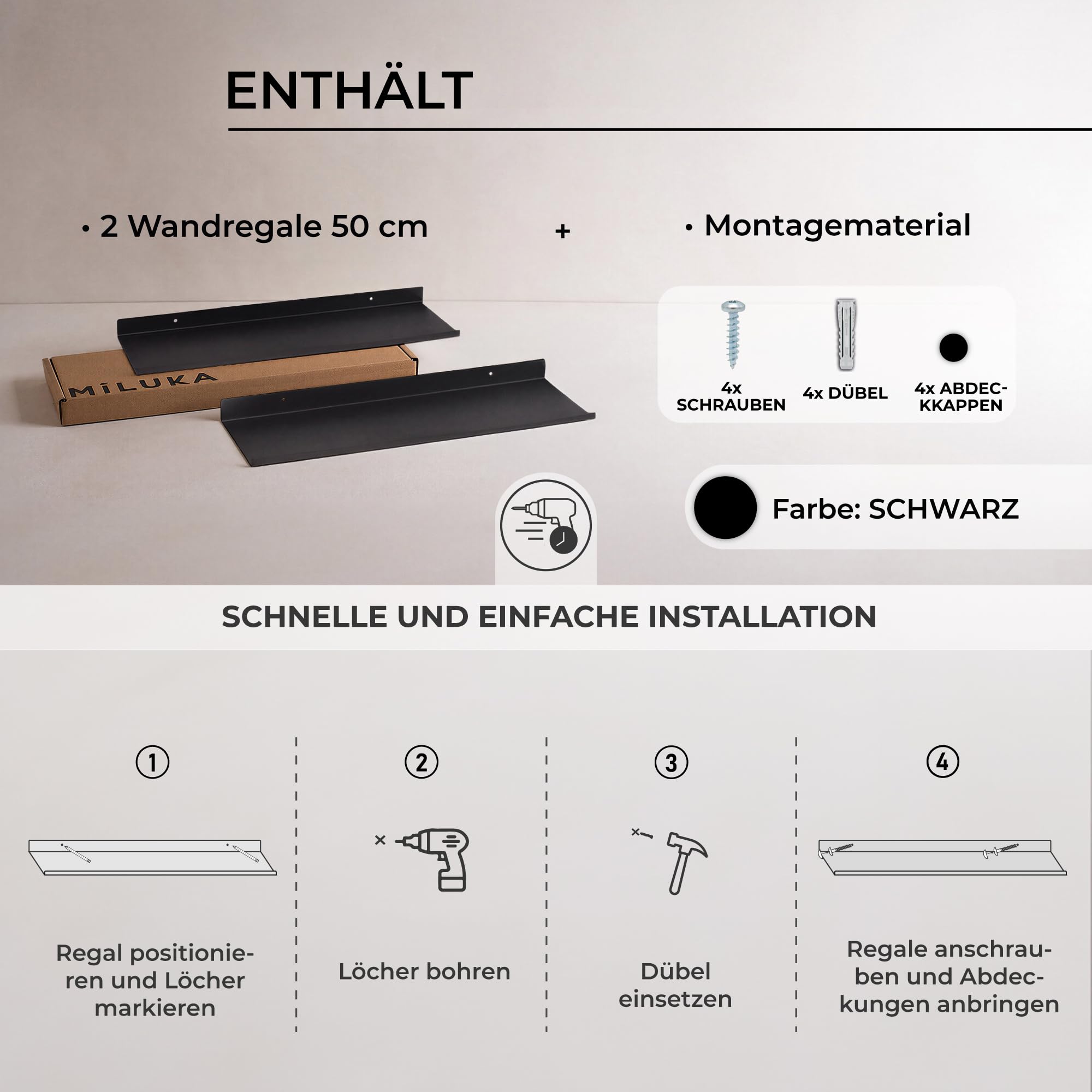 MILUKA Wandregal Schwarz aus Metall 50 cm, 2er Set, schwebend & stabil | 15 cm Tiefe, Schweberegal modular, Badregal & Küchenregal, Hängeregal für Bücher, Organisation & Deko, Made in Spain