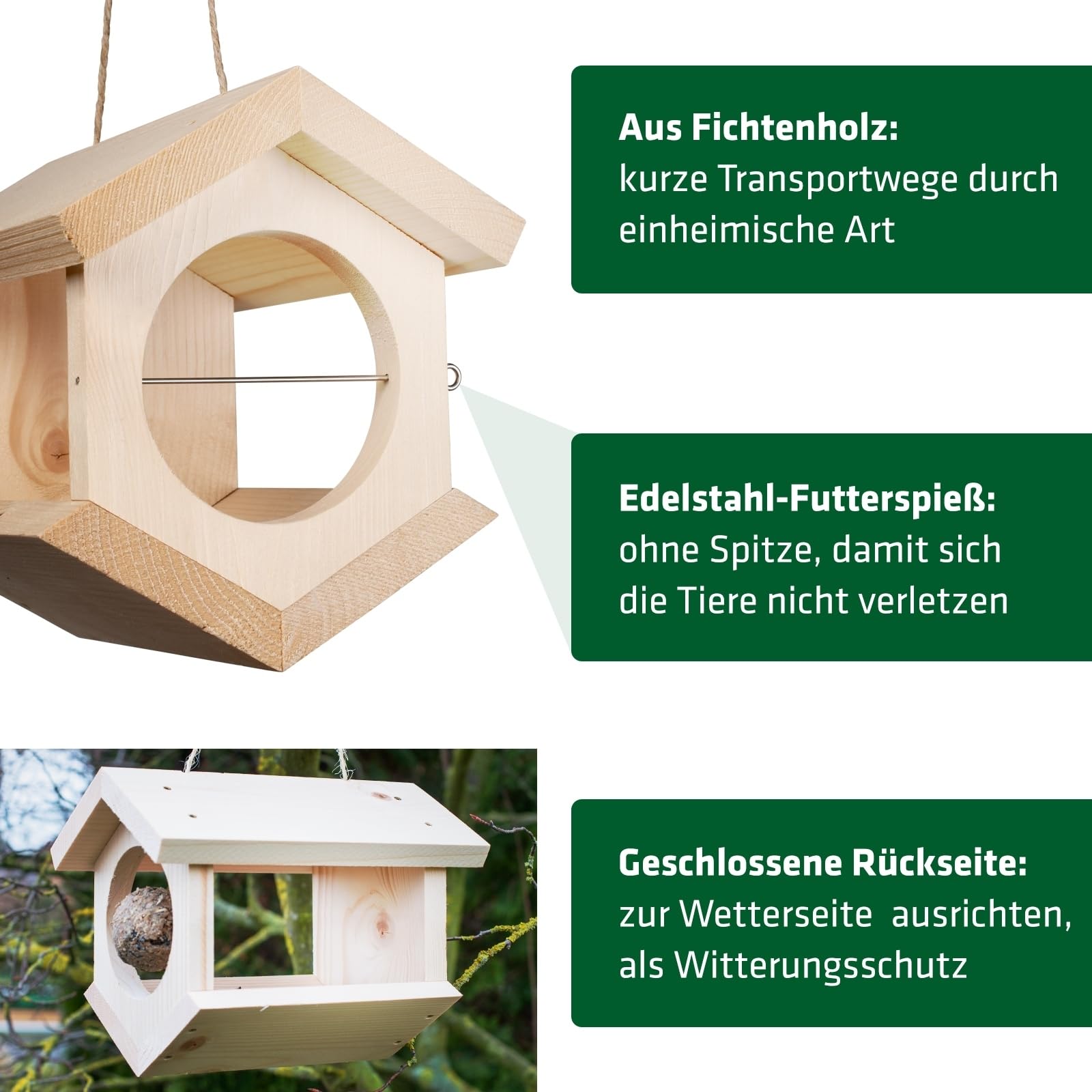 GARDIGO® Vogelfutterhaus für Körnerfutter, Äpfel und Meisenknödel I Made in Germany I Wetterfest, naturbelassen, mit Schnur zum Aufhängen im Garten