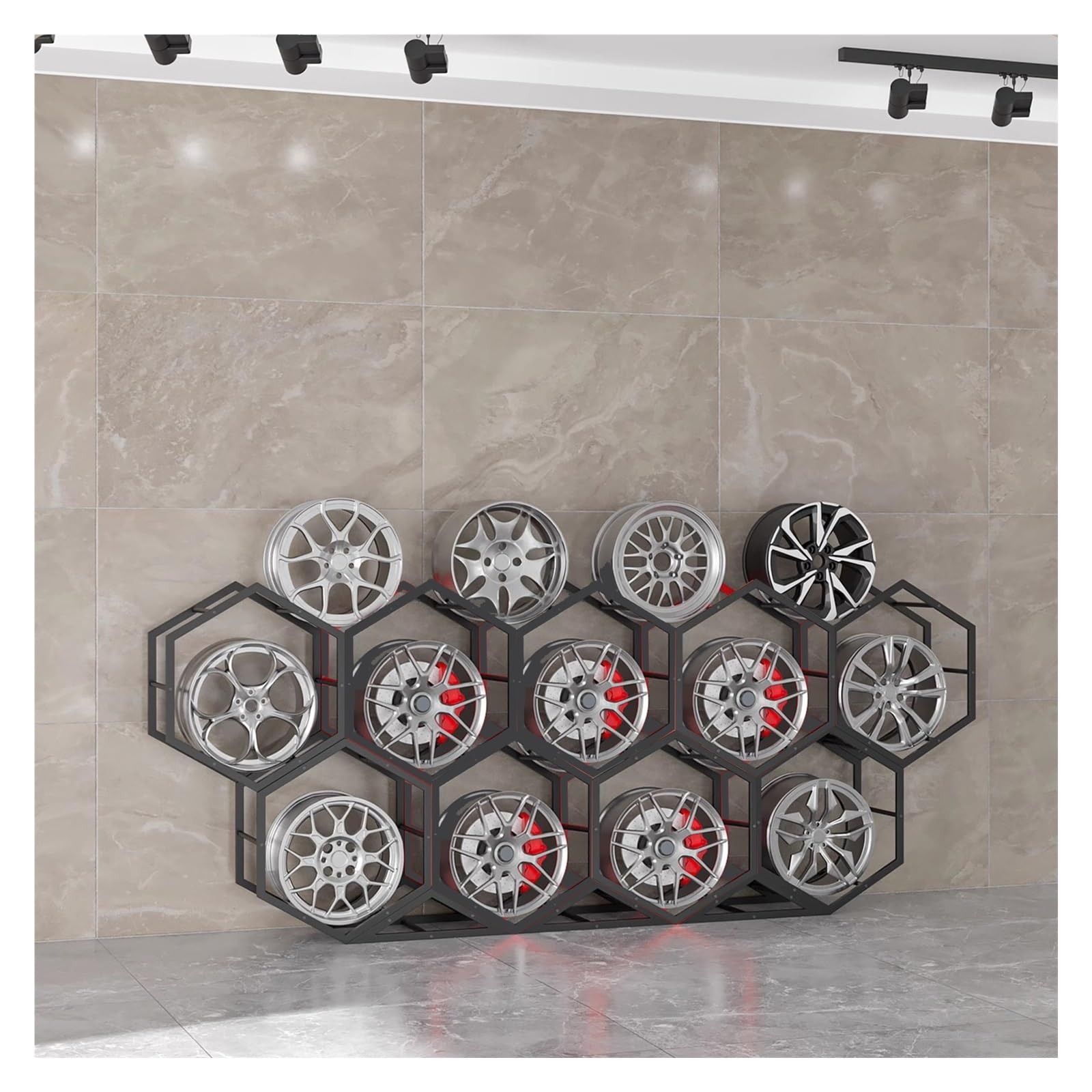 Rastrelliera per pneumatici per garage, espositore per pneumatici a triangolo esagonale piccolo, organizer per pneumatici di scorta in acciaio per casa garage negozio, supporto organizer per ruote, 9+