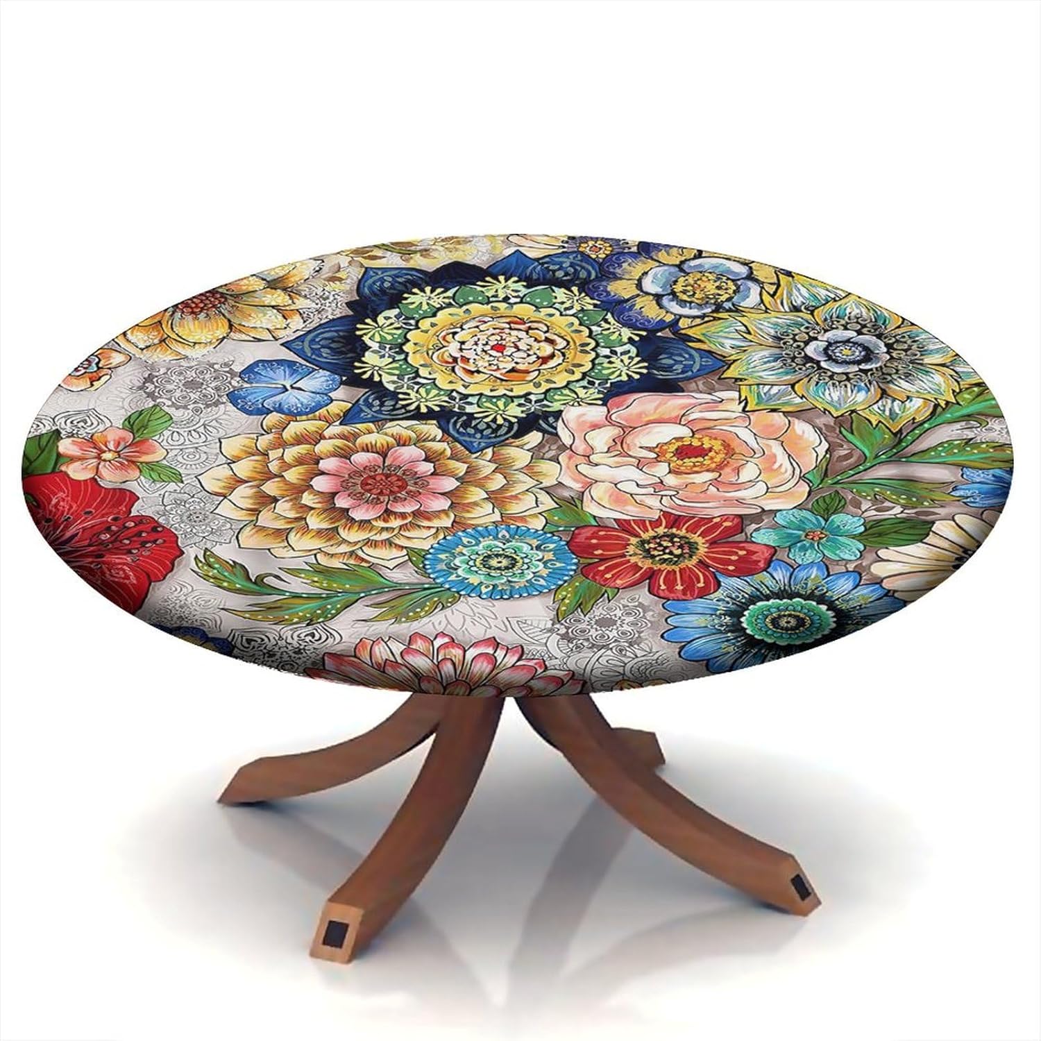 Bohemian Floral Round Fitted Polyester Tablecloth, Boho Flower Elastic Edge Home Decor Tablecloths, Waterproof Stain Resistant Table Clothes for Garden Patio Picnic Use, Fit for 44" Round Table