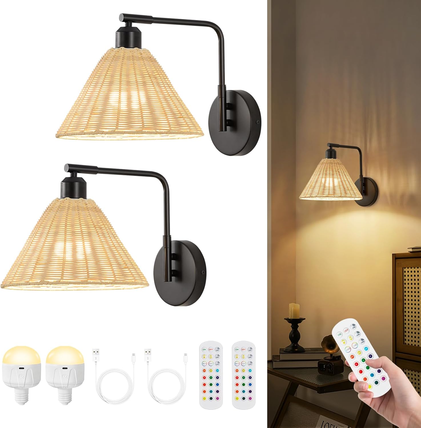 Rattan Rechargeable Wall Sconce Set of 2, Black Battery Operated Wall Lights with Remote, Hand Woven Boho Sconces Swing Arm Wireless Wall Lamp for Bedroom, Living Room, Hallway Decor