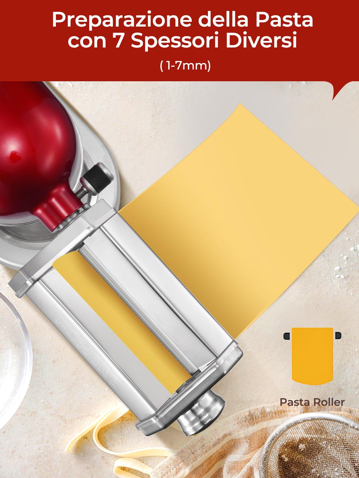 FOHERE Accessorio per Pasta per KitchenAid, Kitchenaid Accessori Inclusi Rollio per Pasta e Spazzola per la Pulizia (7 Spessori Regolabili)