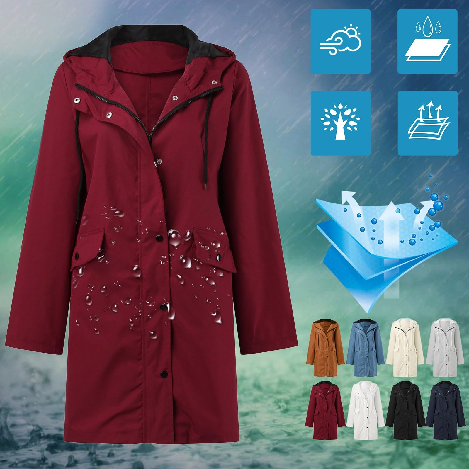 Genérico Chubasquero Largo Mujer Impermeable,Sudadera con Capucha para Mujer Chaqueta Impermeable para La Lluvia Chaqueta SóLida Entrenamiento Al Libre Chaqueta Impermeable
