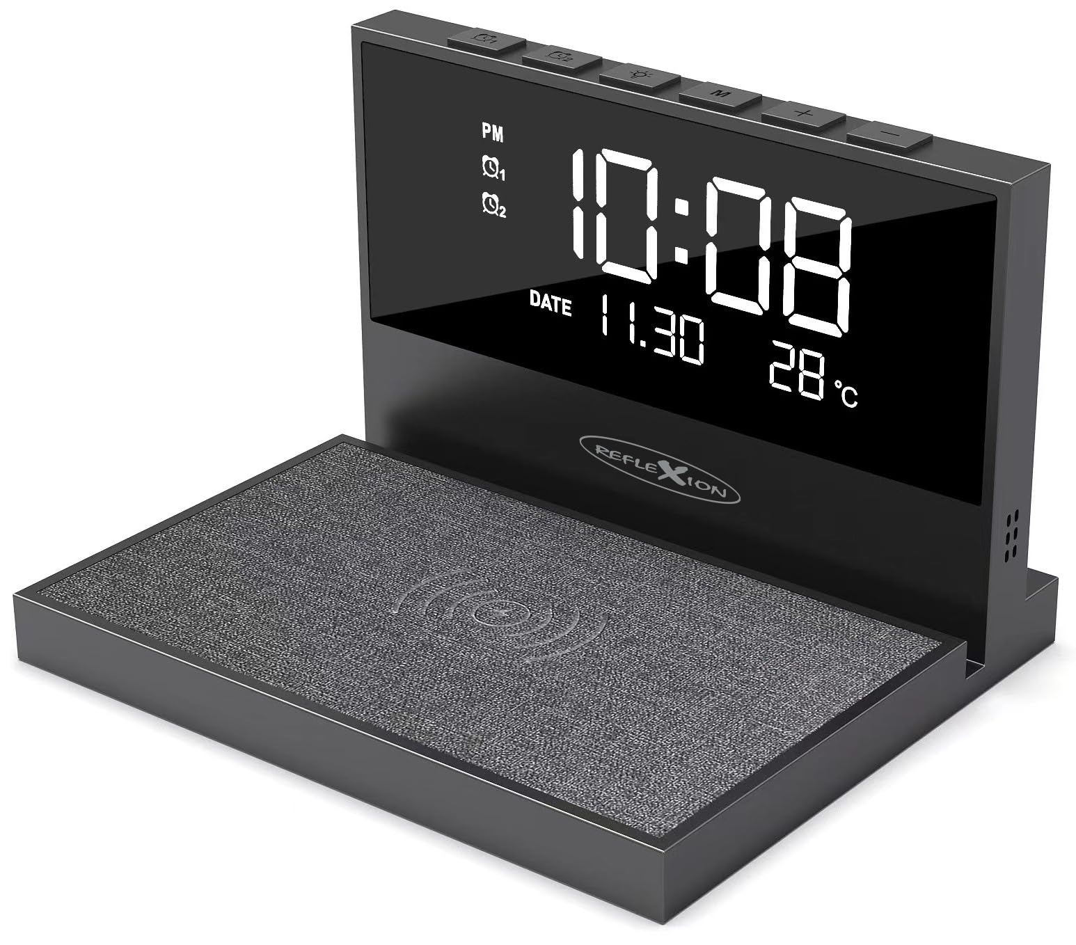 Reflexion ACW2188 Wireless Charger, stazione di ricarica per smartphone, sveglia con caricatore senza fili, grande display per ora, data e temperatura, 2 sveglie, luce notturna, funzione di ricarica