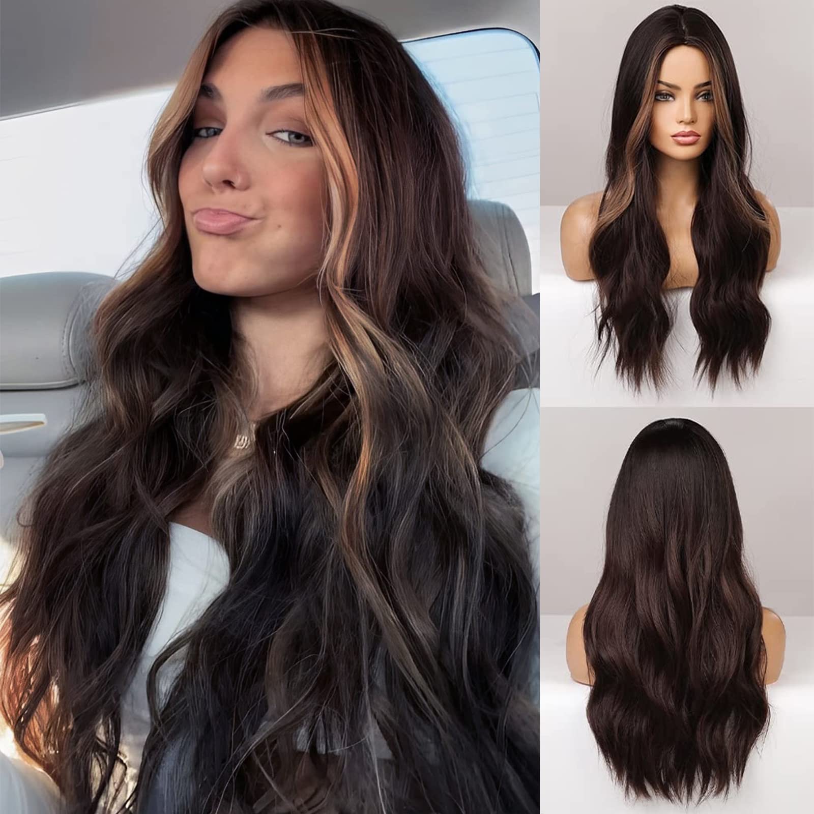 Long Curly Brown Wig Middle Parting Women Wigs 60 cm Wigs for Women Long Wavy Synthetic Hair Wigs