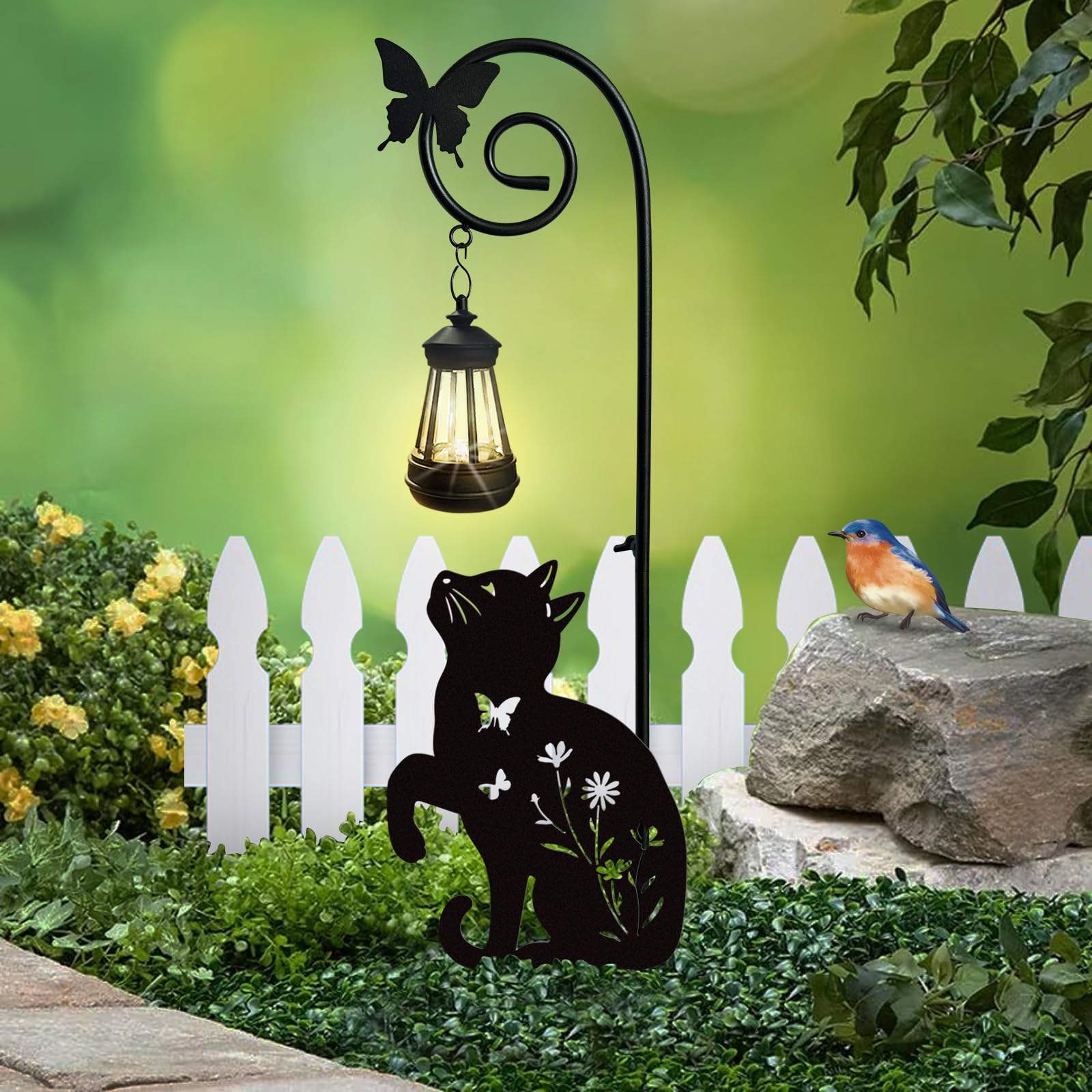Piquet de chat en métal avec lampes solaires décoratives pour l'extérieur, décoration de pelouse de chat noir, cadeaux uniques pour femmes, décoration de jardin en forme d'animal