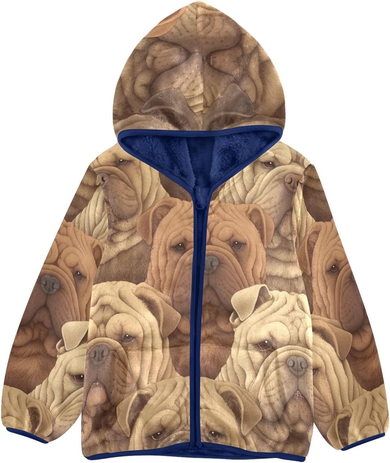 Cartoon Dogs Hooded Fleece Jacket Toddler Children Plush Outerwear Navy Blue Baby Boys Clothes Winter