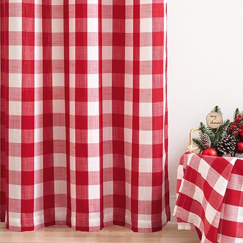 Vista 75 de Jubilantex Paneles de cortina semitransparentes a cuadros rojos y blancos, cortinas texturizadas a cuadros, cortinas de ventana de granja con ojales