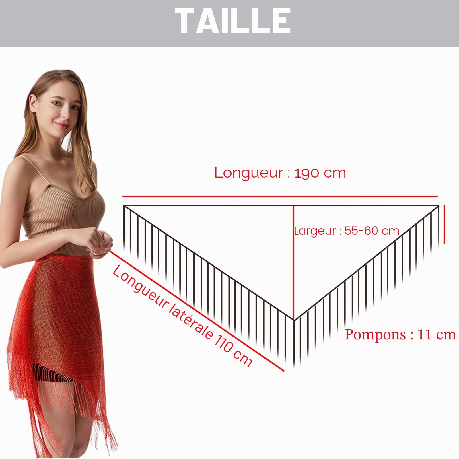 Châle Triangle Multifonctionnel Femme 190x60cm | Etole Métallique Echarpe avec Frange Brillant pour Mariage Bal Cocktail