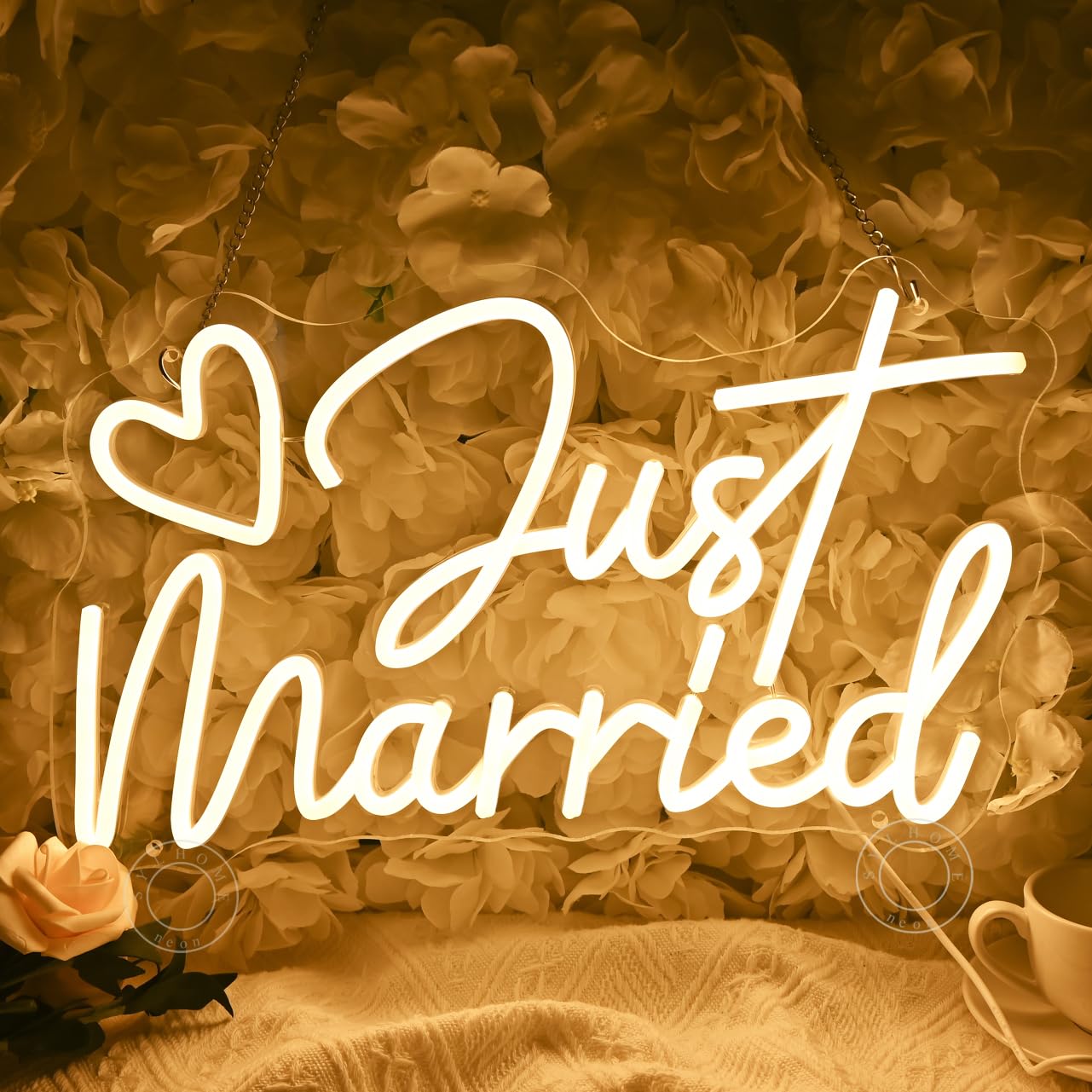 SYLHOME Just Married LED-Neon-Lichtschild, Herz, Hochzeit, Brautparty, Hintergrund, Schlafzimmer, Wandschild, Dekoration, Verlobung, Antrag, Party, beleuchtetes Schild, Geschenke, 40 x 23,5 cm, USB