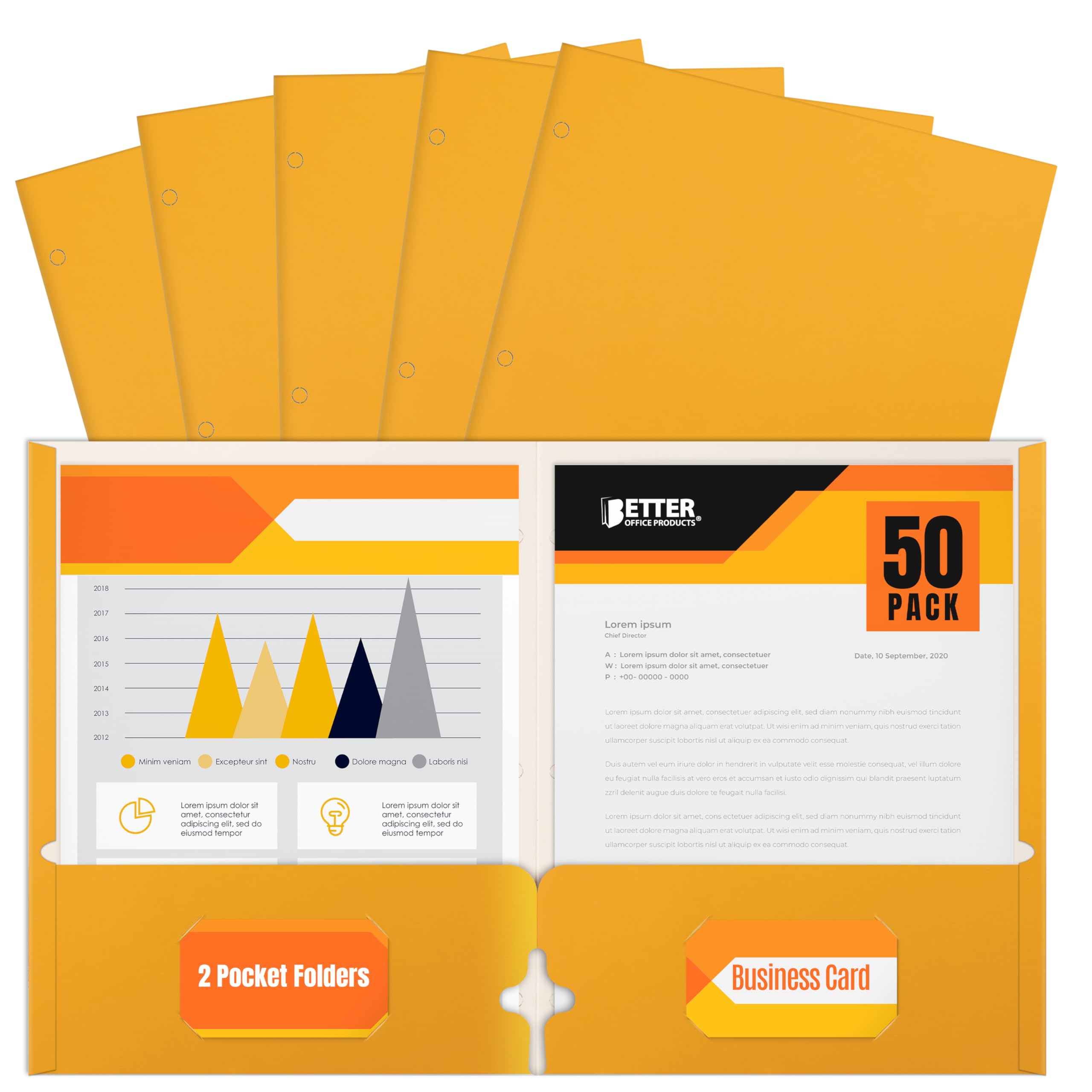 Better Office Products Two Pocket Portfolio Folders, 50-Pack, Dark Yellow, Letter Size Paper Folders, 50 Pieces, Dark Yellow