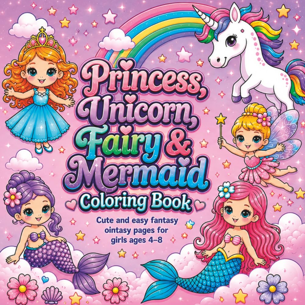 Princess, Unicorn, Fairy & Mermaid Coloring Book: Cute and Easy Fantasy Coloring Pages for Girls