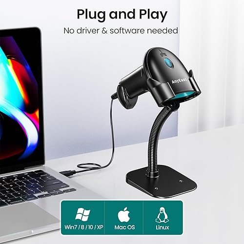 Miniatura 2 de Escáner de código de barras con soporte, escáner de código QR 2D 1D de inventario con cable USB, compatible con computadora POS MAC con escaneo