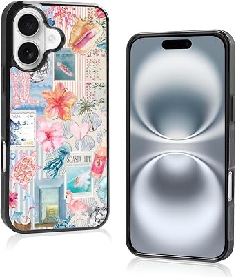 European Summer Collage Phone Case Compatible with iPhone 16,Cute Pink Aesthetic Hibiscus and Turtle Coquette Case for Women Girls