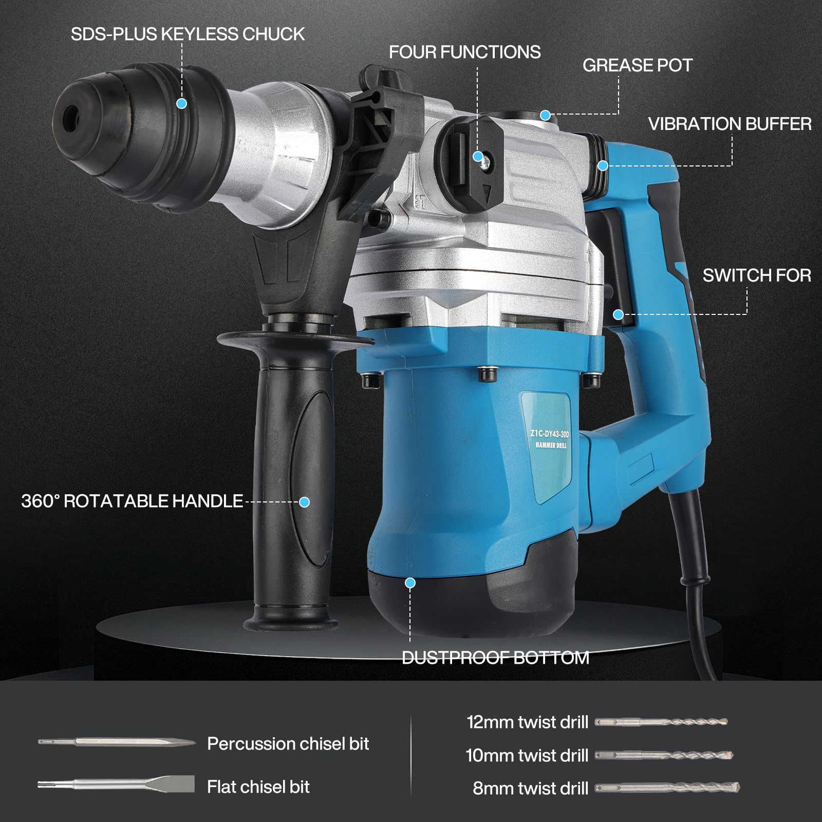 Martello Demolitore Tassellatore 1500W: 1000RPM Trapano a Percussione Professionale con 3 Funzioni, Sistema SDS-Plus, Capacità 32mm nel Calcestruzzo, Set 5 Punte e Valigetta Inclusa