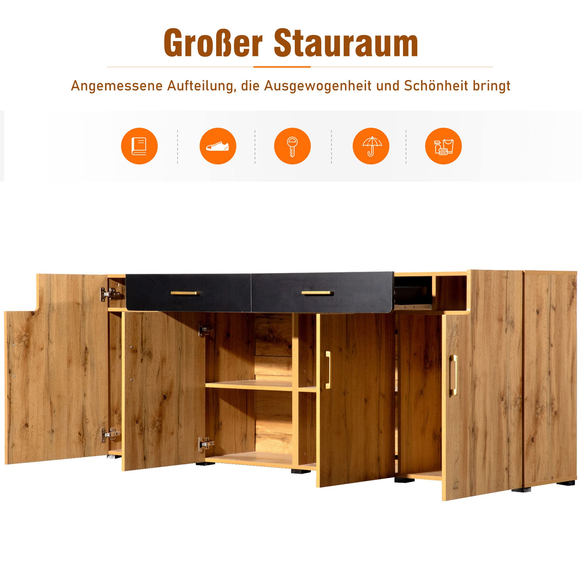 Merax Sideboard Kommode mit 2 Schubladen&4 Schränken, Sideboard Holz Küchenschrank Buffet Beistelltisch mit Griffen, Farmhouse Design, Braun/208 x 39.5 x 80CM