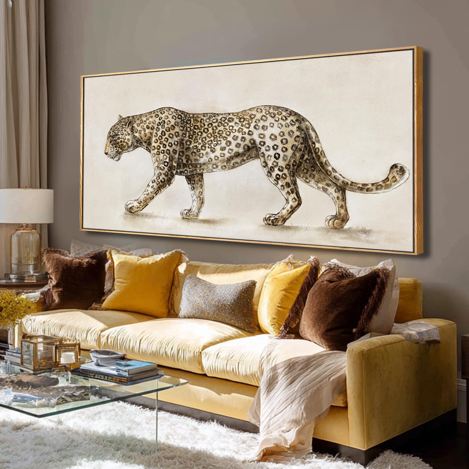 Photo 1 of Leopard Canvas Wall Art, Neutral Animal Framed Artwork, Extra Wide Horizontal Wall Decor, Large 32×70 Inch Art for Living Room Bedroom Over Sofa