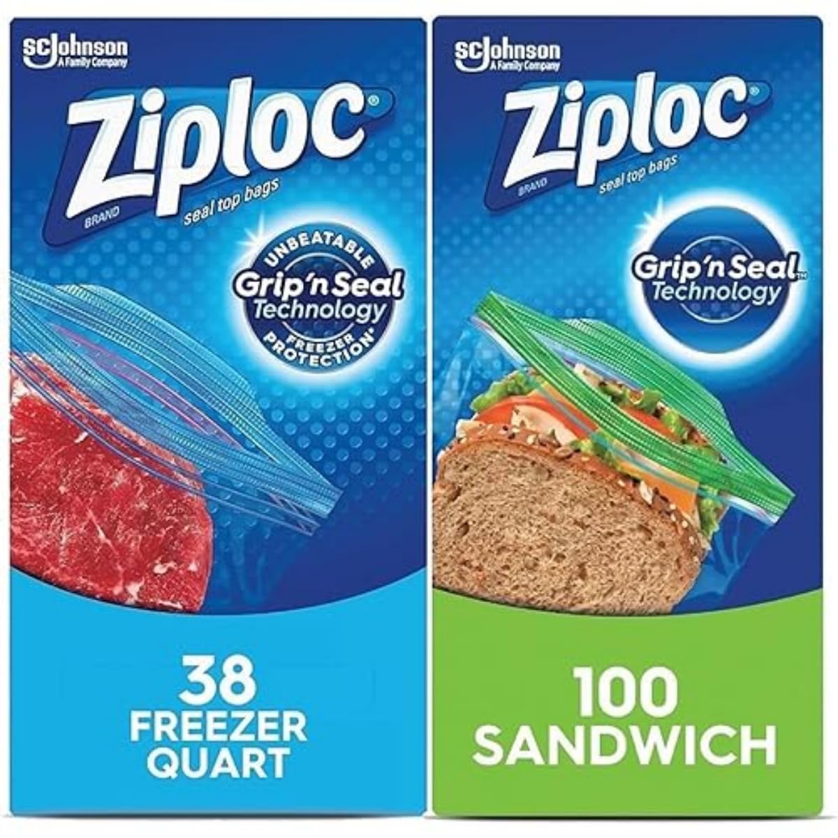 Ziploc Bundle – Freezer Bags (38 Count) + Sandwich Bags (100 Count) – Double Zipper, Easy Grip for Fresh Food Storage
