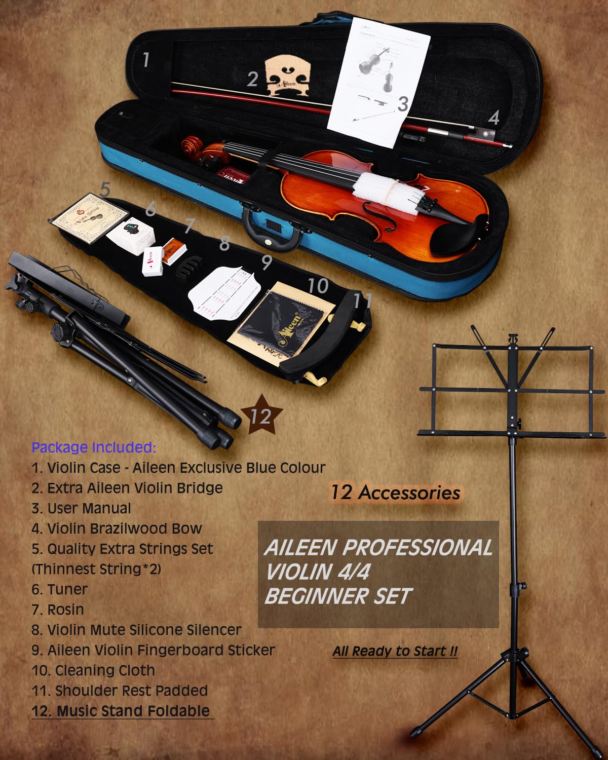 Violon 4/4 en bois massif pour adultes et enfants à partir de 12 ans – Kit professionnel avec 12 accessoires (épicéa et érable)