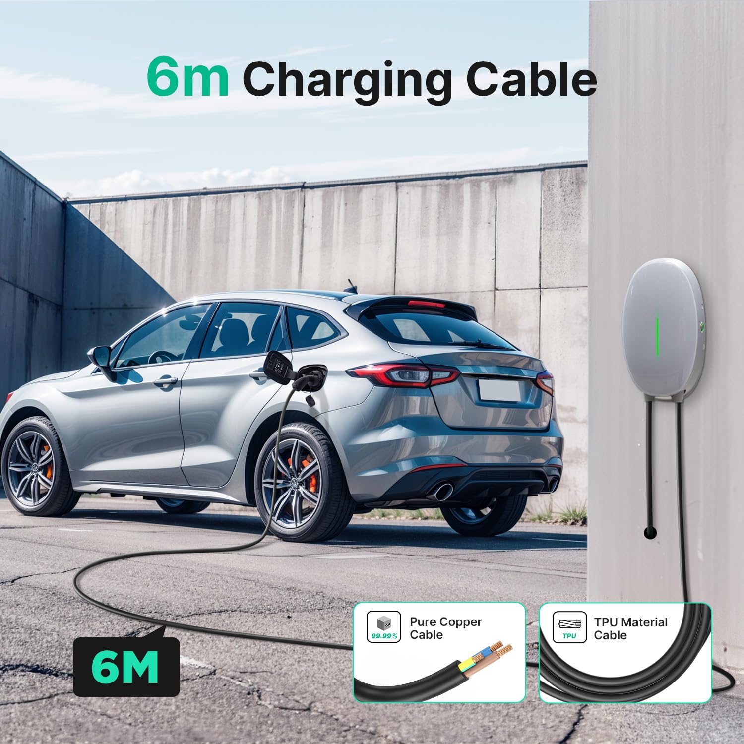 Wallbox 7kW Type 2 Station de Recharge Voiture électrique, Monophasé 32A Chargeur Rapide véhicules électriques avec câble 6M, Norme Européenne IEC62196-2, IP66
