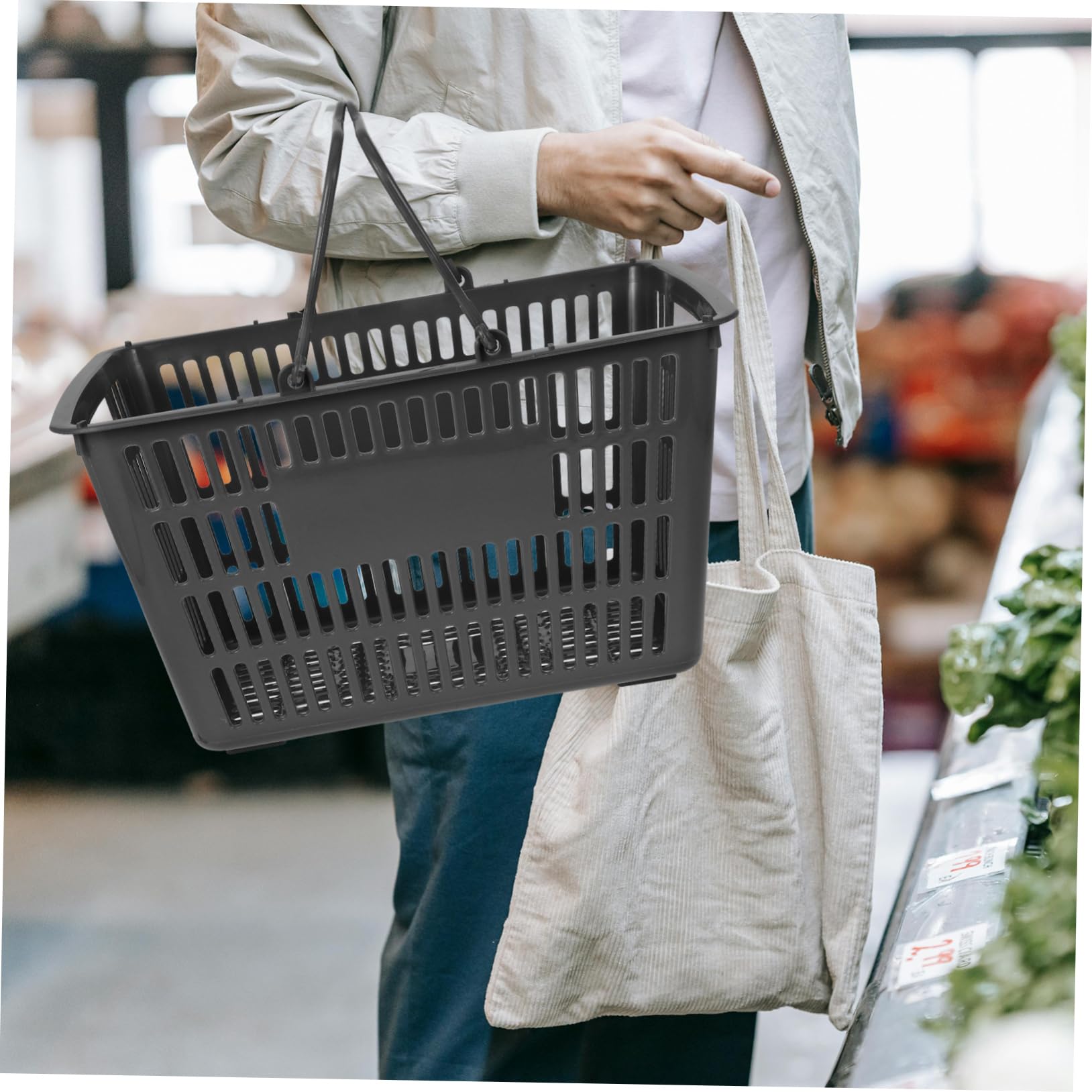 ULTECHNOVO Cesta De Plástico Portátil Para Supermercado Cesta De Compras Doble Asa Para Llevar Verduras y Condimentos Gris
