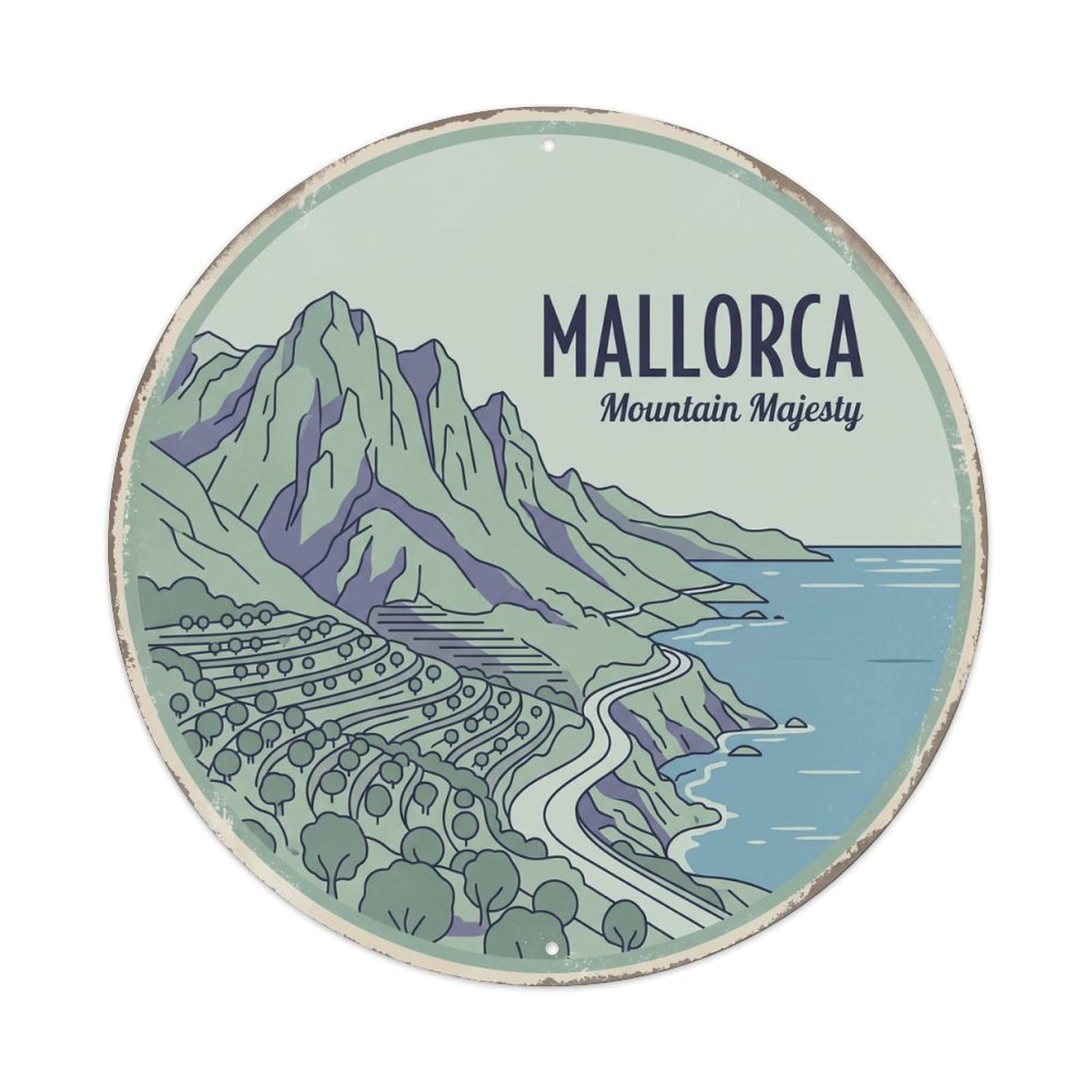 Vintage Travel Mallorca Mountains Landscape Metal Tin Sign Plaque Wall Decor for Cafe, Club, Garden Round Metal Poster 8x8Inch